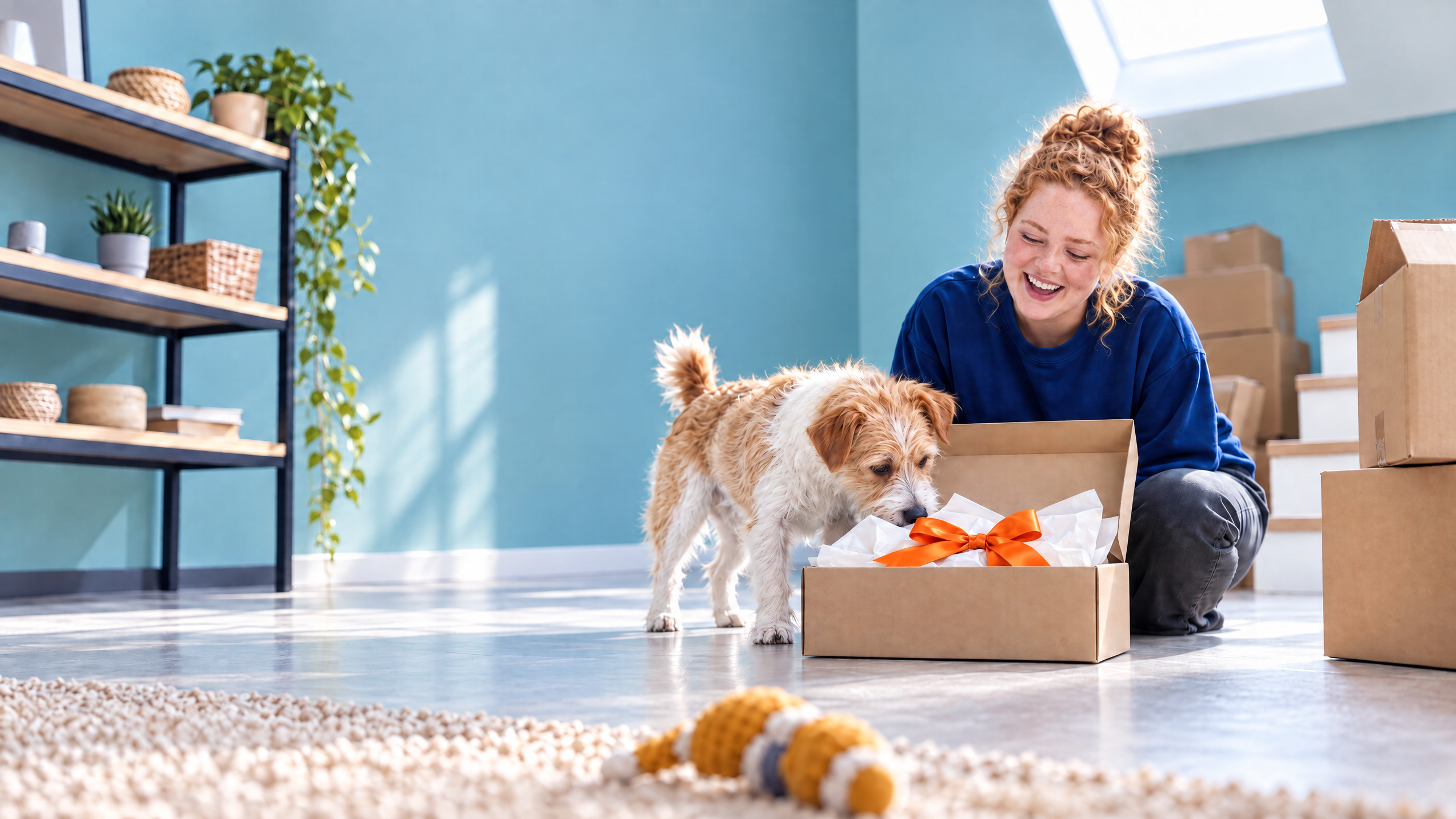 A smiling woman watches a dog sniff an open gift box with an orange ribbon, surrounded by moving boxes.