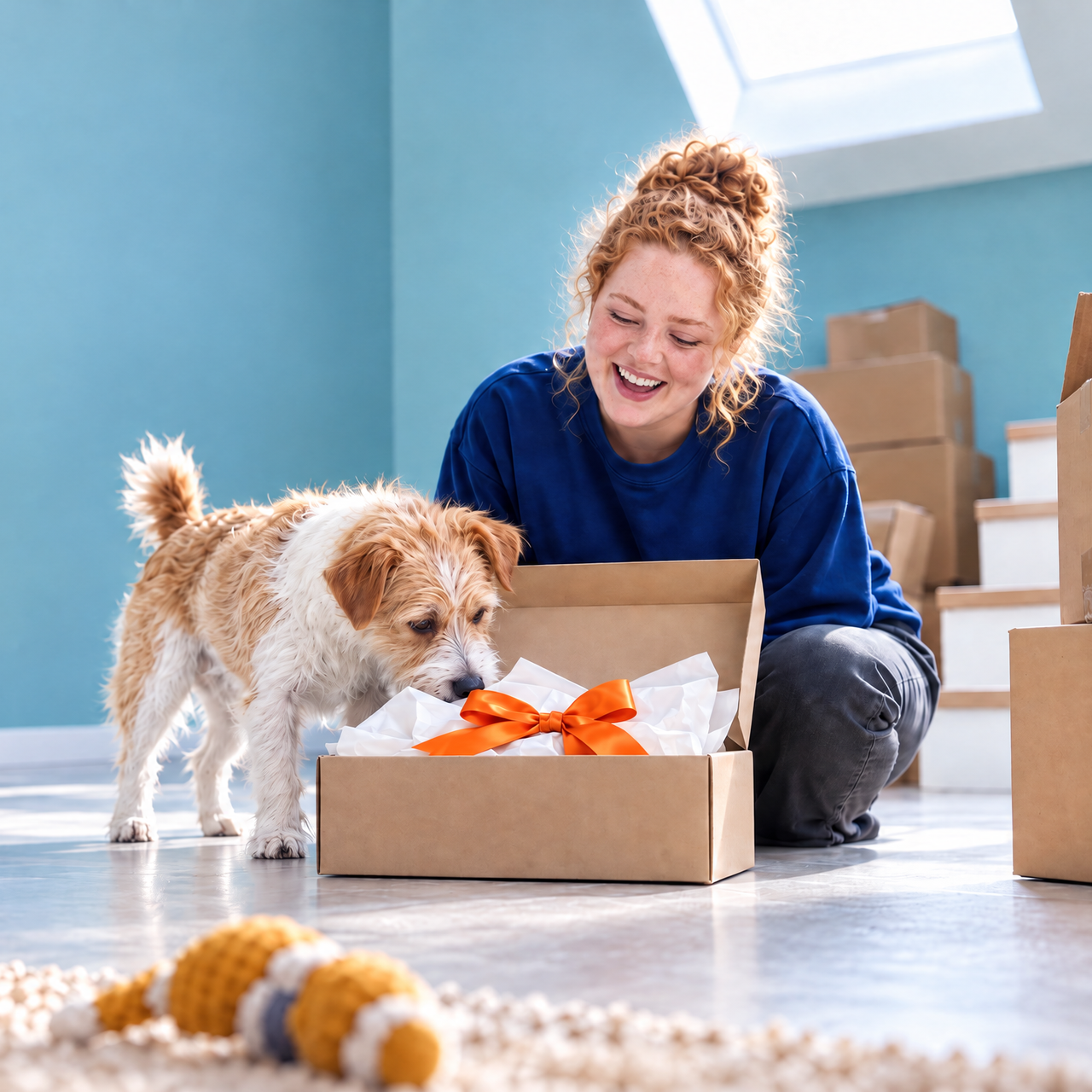 A smiling woman watches a dog sniff an open gift box with an orange ribbon, surrounded by moving boxes.