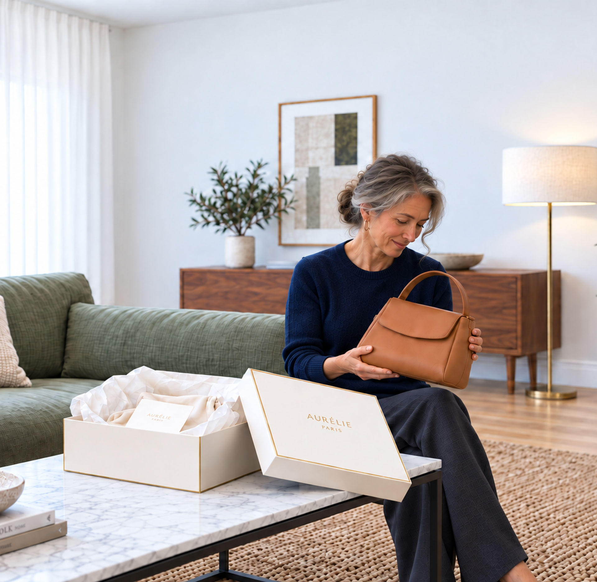 Smiling woman holds a new brown leather AURELIE PARIS handbag, with its open gift box on a coffee table.