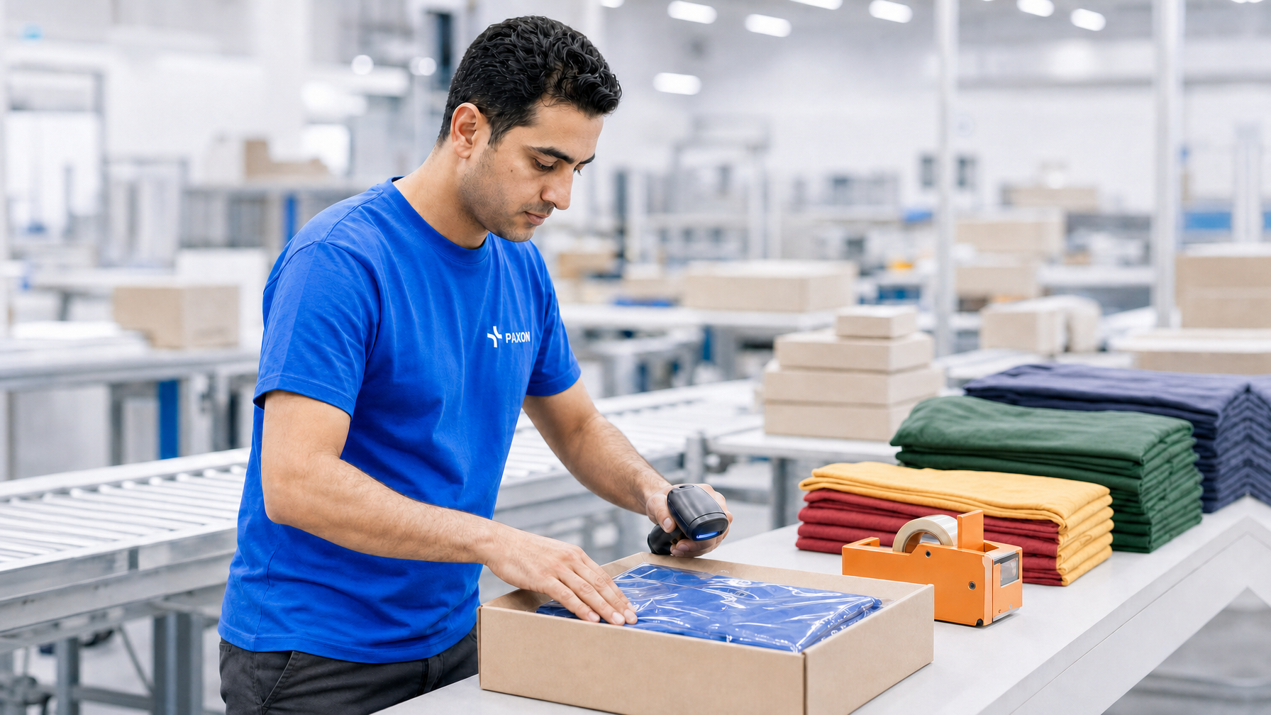 A man in a blue shirt scans a packaged item in a warehouse.