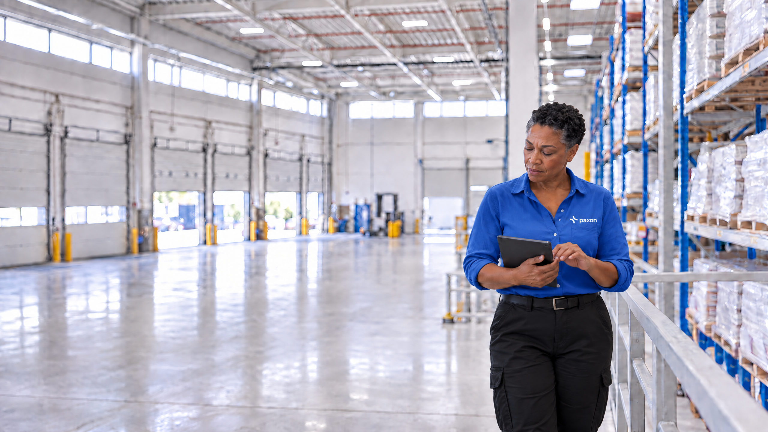 A woman in a blue uniform shirt with a tablet walks through a clean warehouse with loading docks and storage shelves.