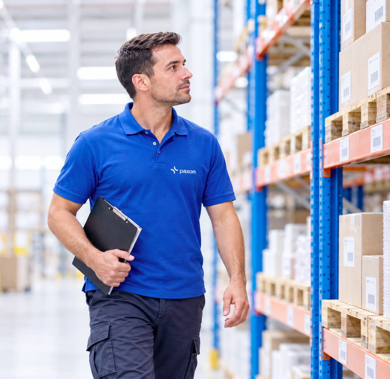 A man in a blue polo shirt holding a clipboard walks through a warehouse aisle filled with shelves of boxes.
