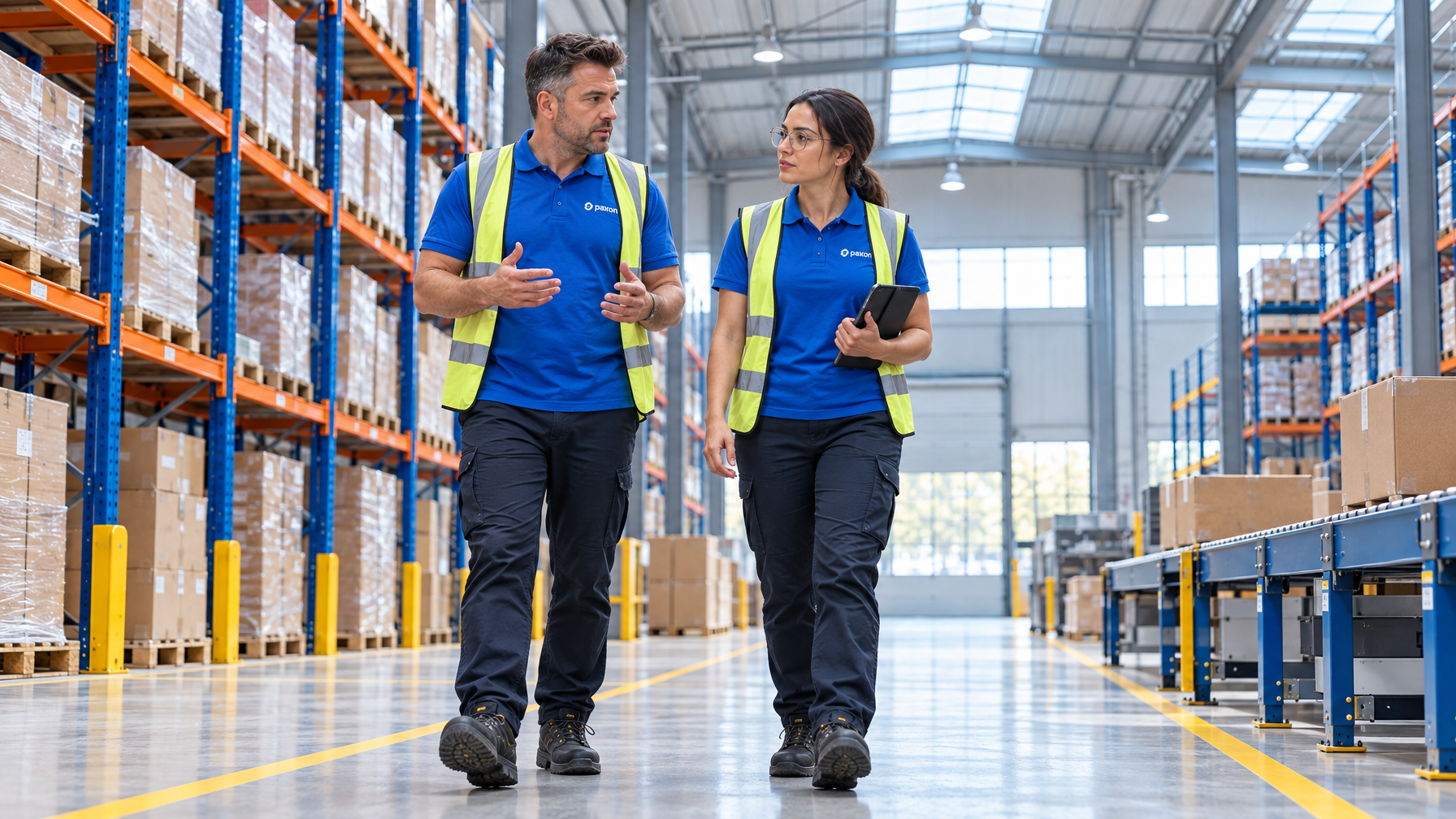 A man and a woman in high-visibility vests walk and talk in a warehouse with rows of packed shelves and a conveyor belt.