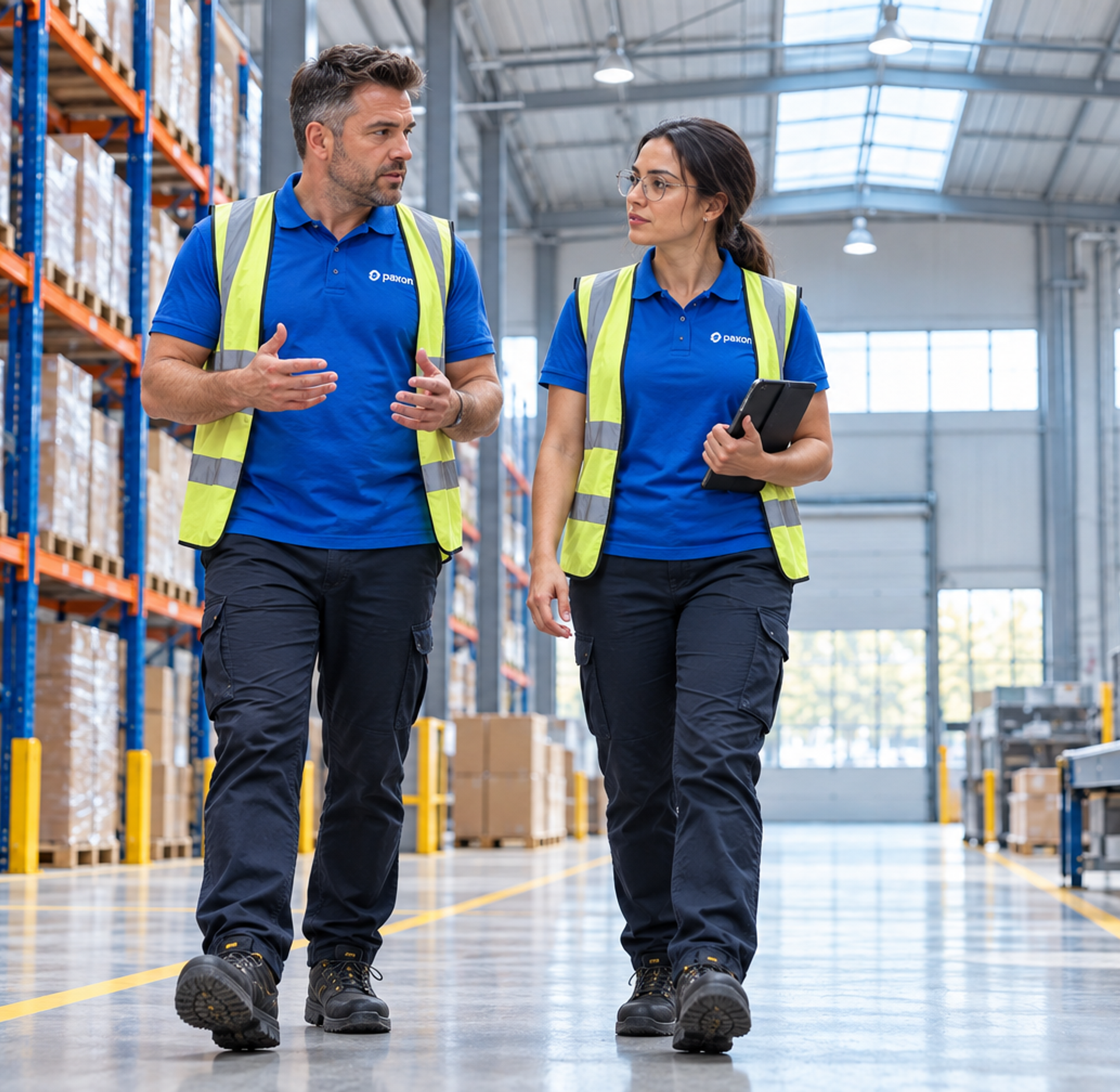 A man and a woman in high-visibility vests walk and talk in a warehouse with rows of packed shelves and a conveyor belt.