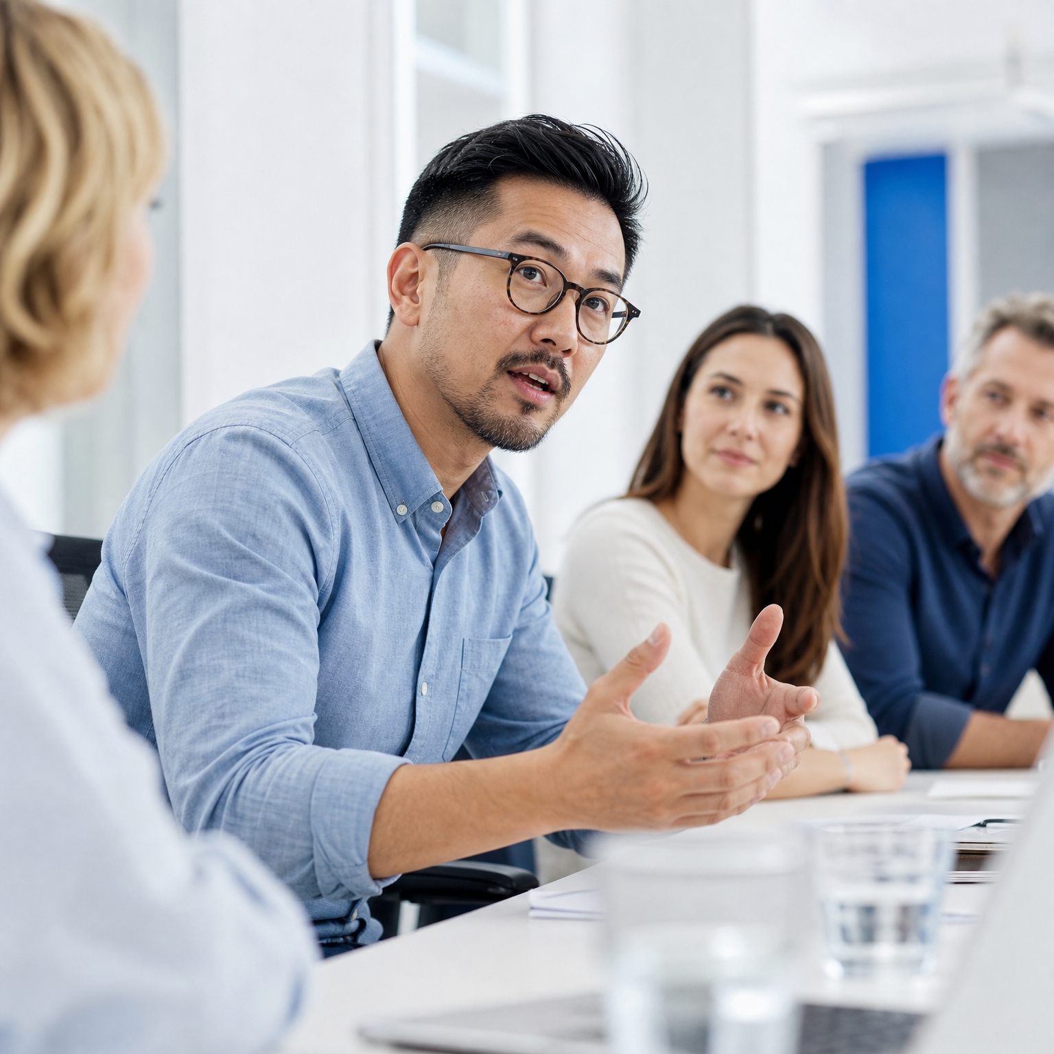 An Asian man speaks and gestures at a meeting table while others listen.