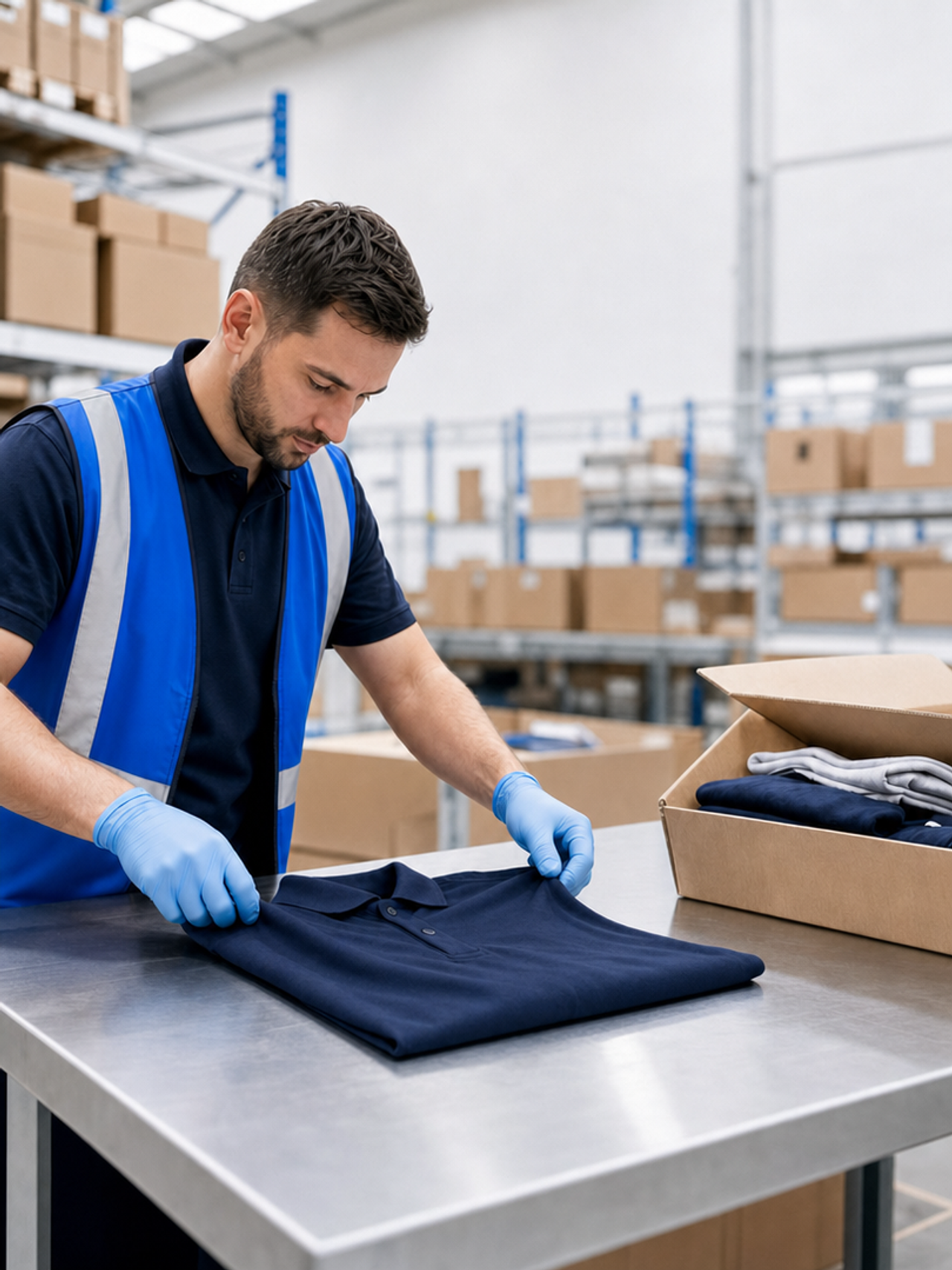 Un homme en t-shirt bleu Paxon lit une étiquette d’expédition au-dessus d’un carton ouvert contenant une chemise grise, dans un entrepôt.