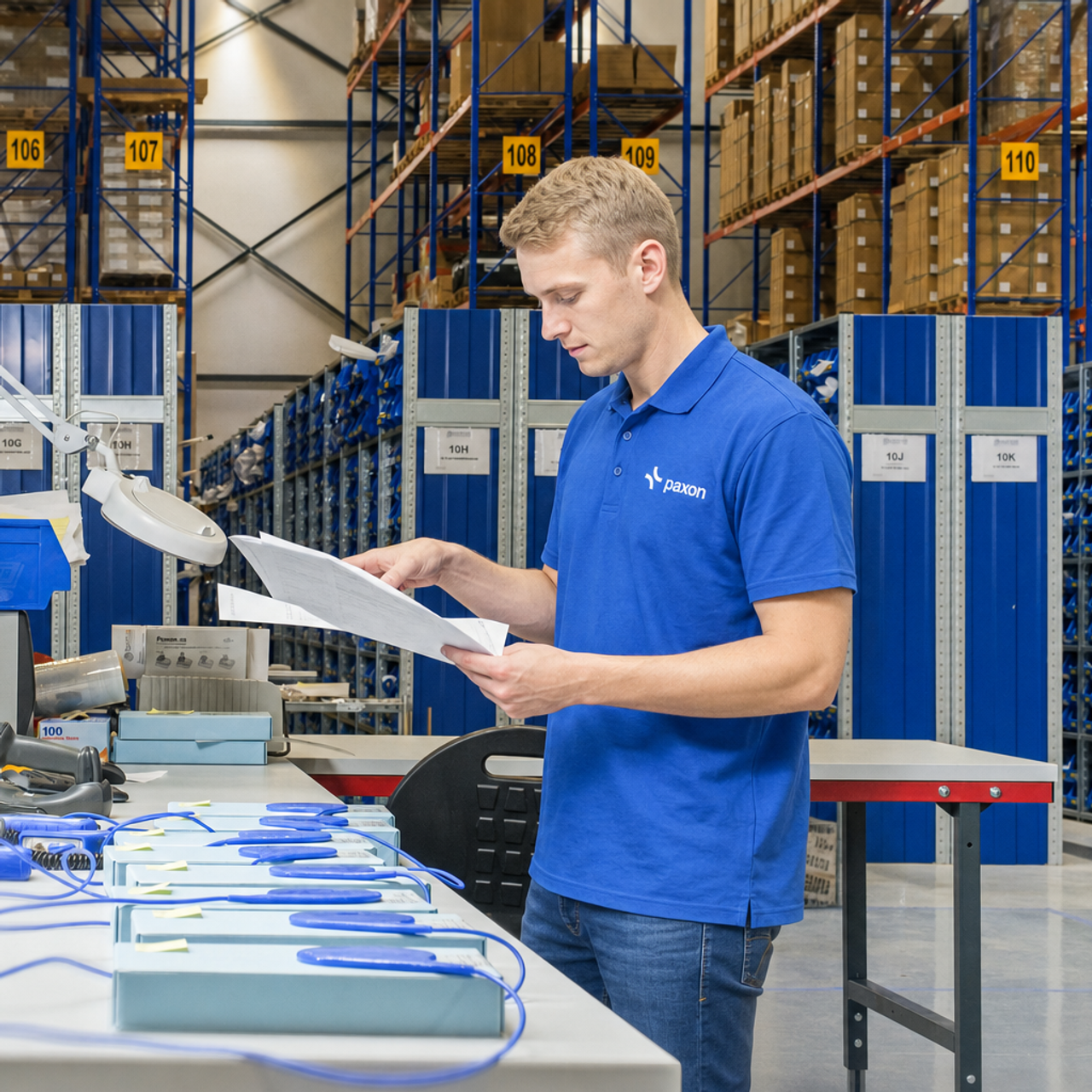 A man in a blue shirt reviews documents at a workbench with electronic devices in a warehouse.