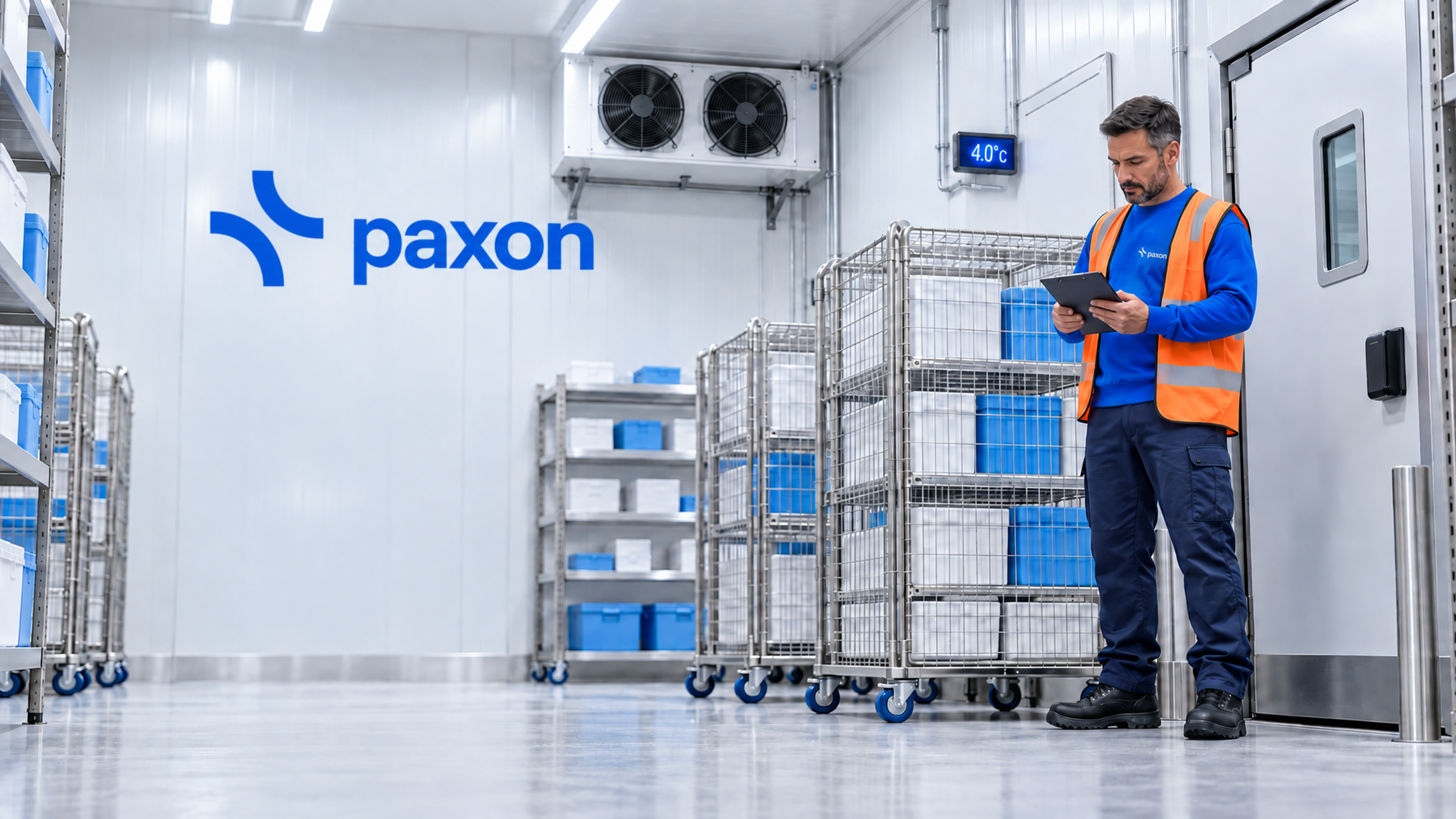 Une personne en t-shirt Paxon pousse un chariot à roulettes chargé de bacs vers une zone de chargement.