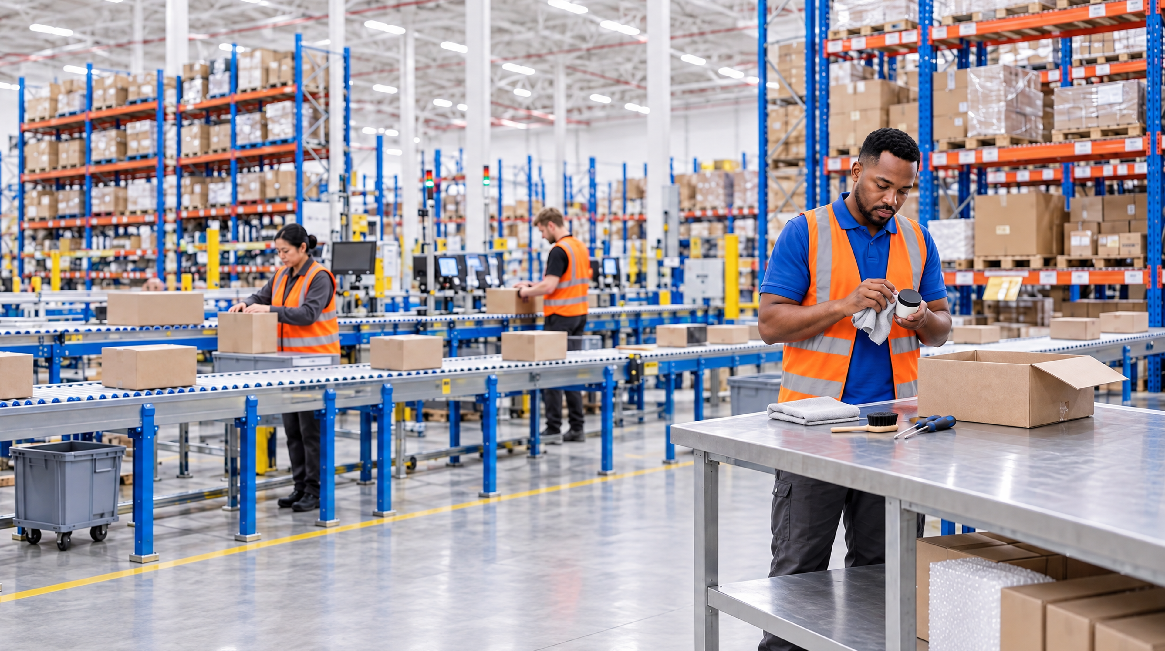 Workers in orange vests packaging and inspecting items in a large warehouse with conveyor belts.