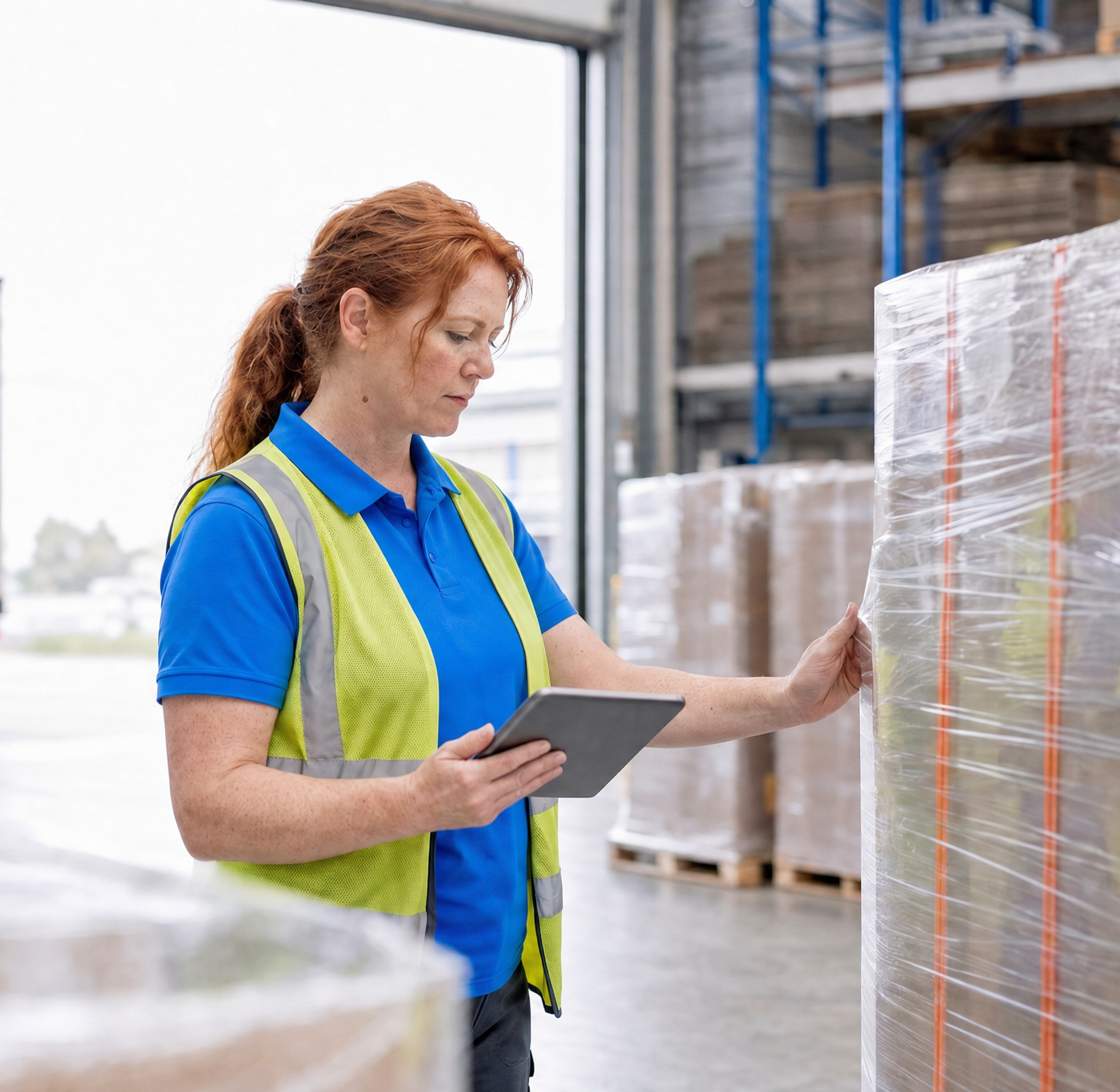 A woman in a high-visibility vest uses a tablet while inspecting shrink-wrapped boxes in a warehouse.