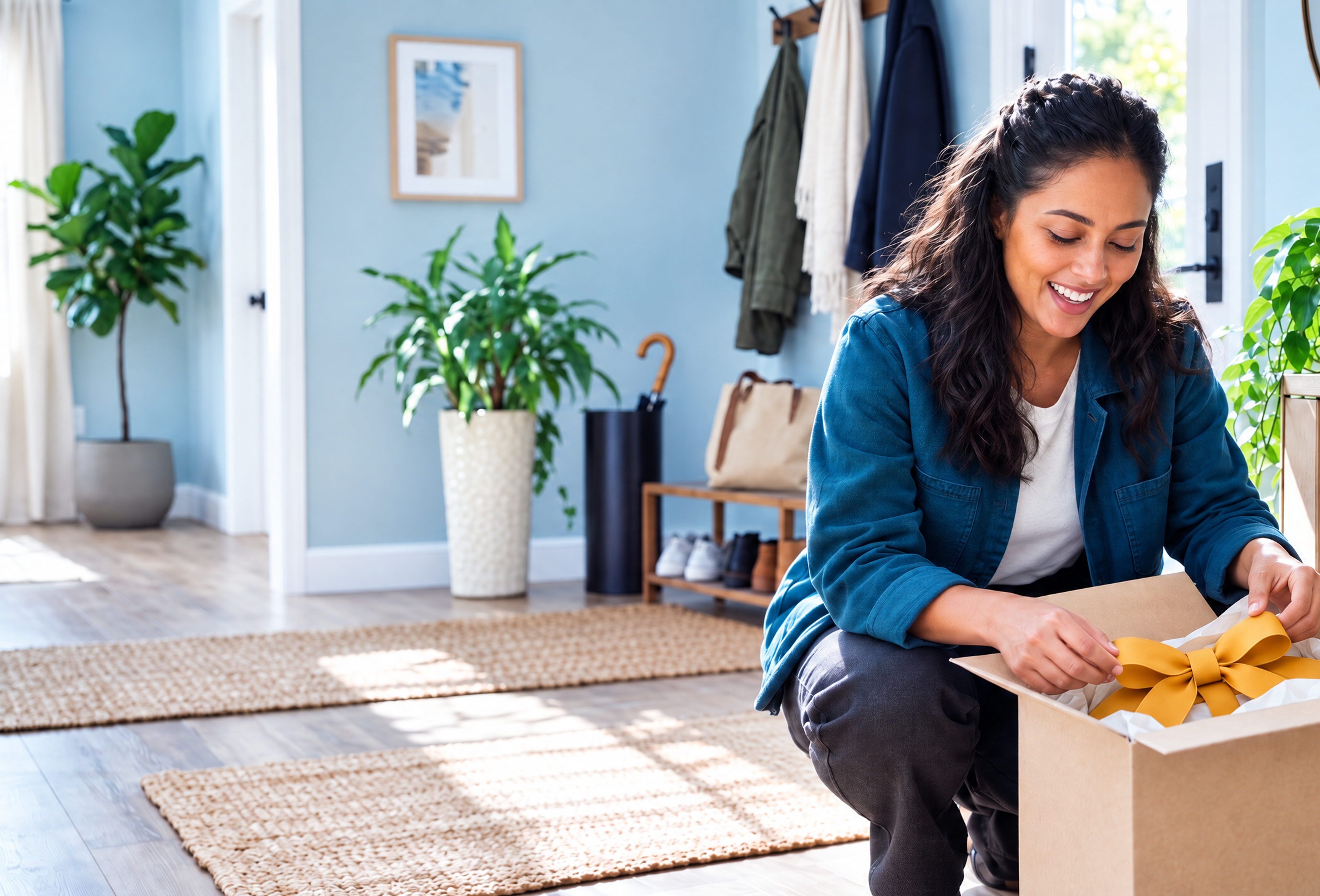 Smiling woman opening a gift box with a yellow bow in an entryway.
