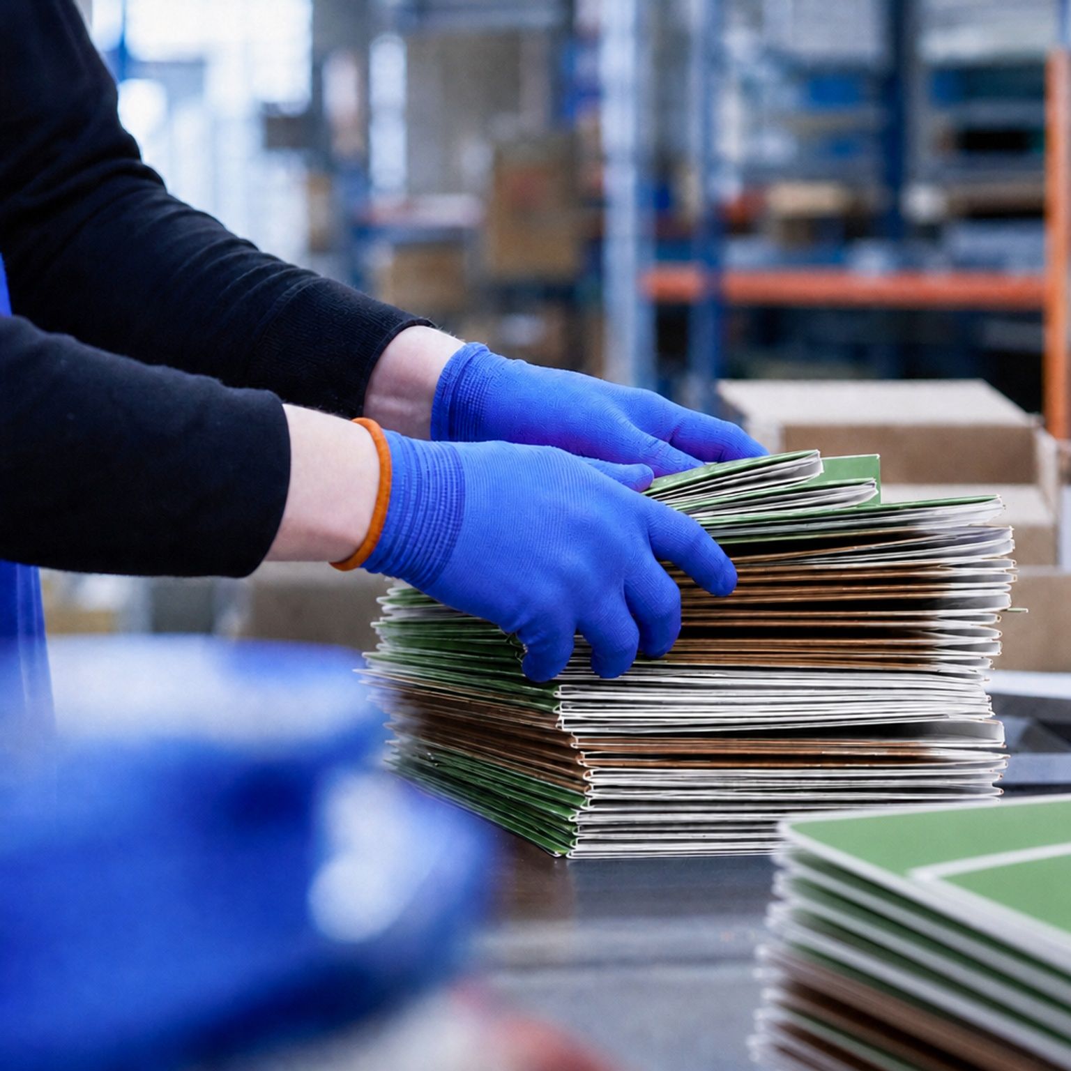 Des mains en gants bleus empilent des emballages verts et bruns dans un entrepôt.