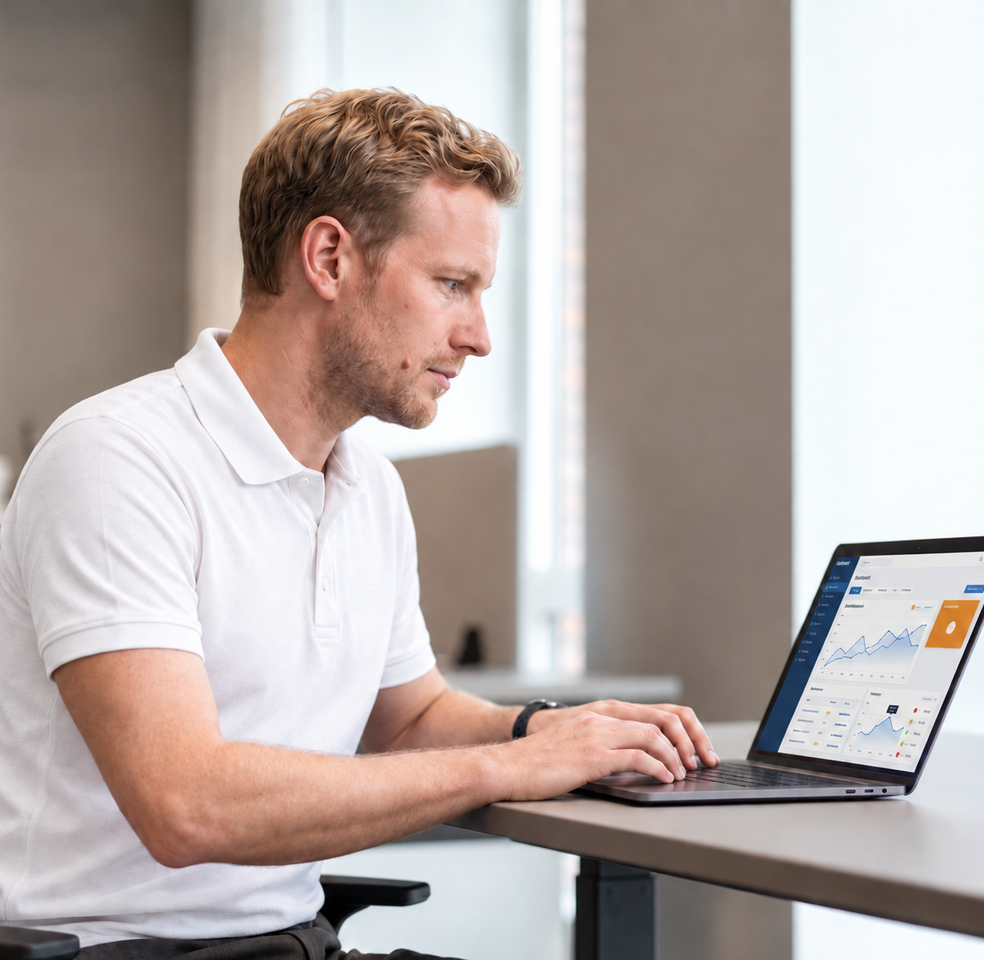 A man in a white polo shirt works on a laptop displaying data charts.