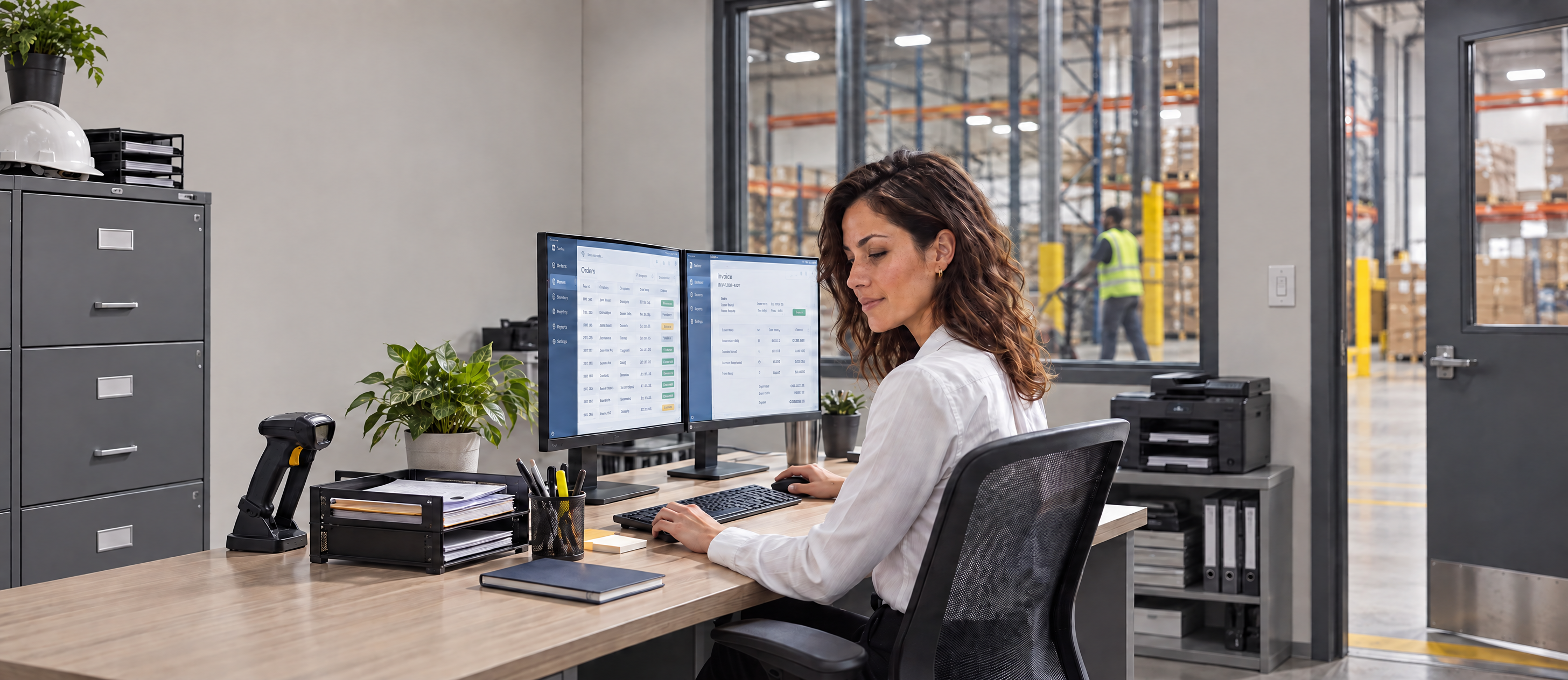 A woman works at a desk with dual monitors in an office, with a warehouse visible through a glass wall in the background.