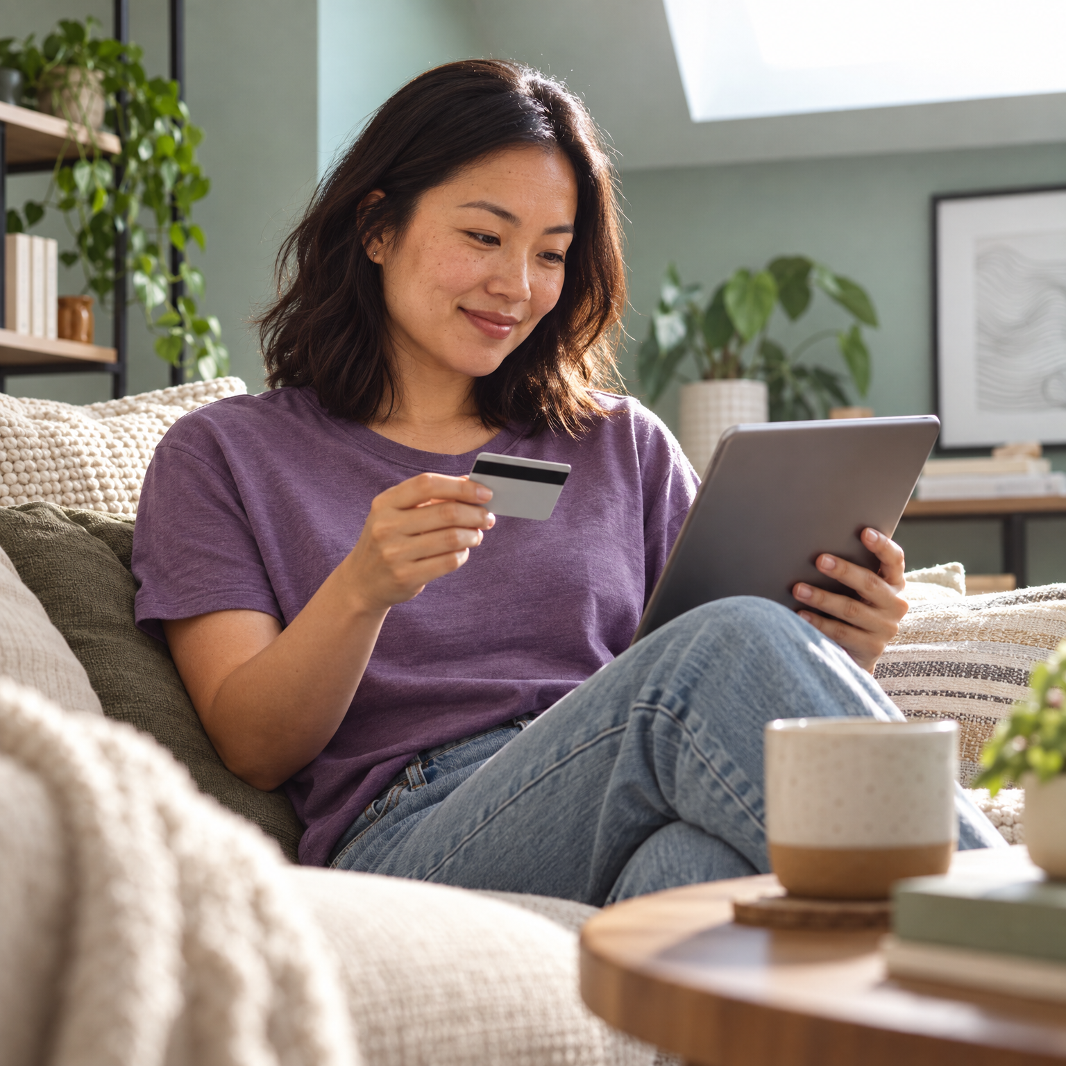 Woman using a credit card and tablet for online shopping.