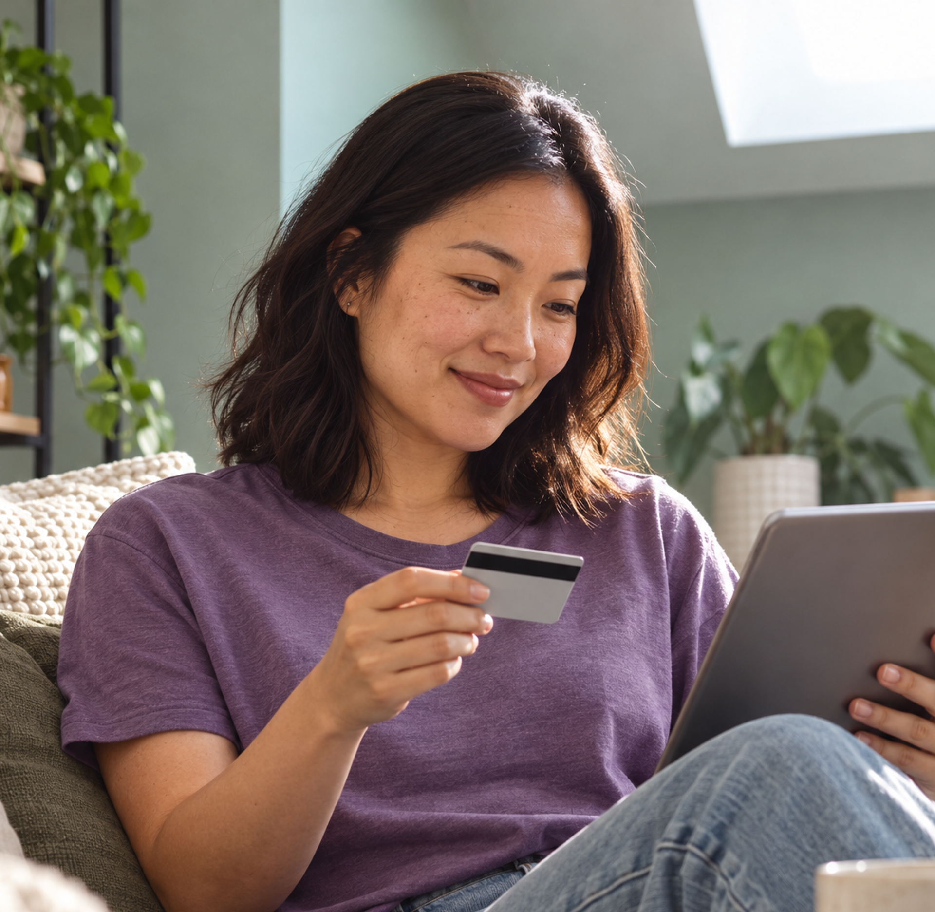 Woman using a credit card and tablet for online shopping.