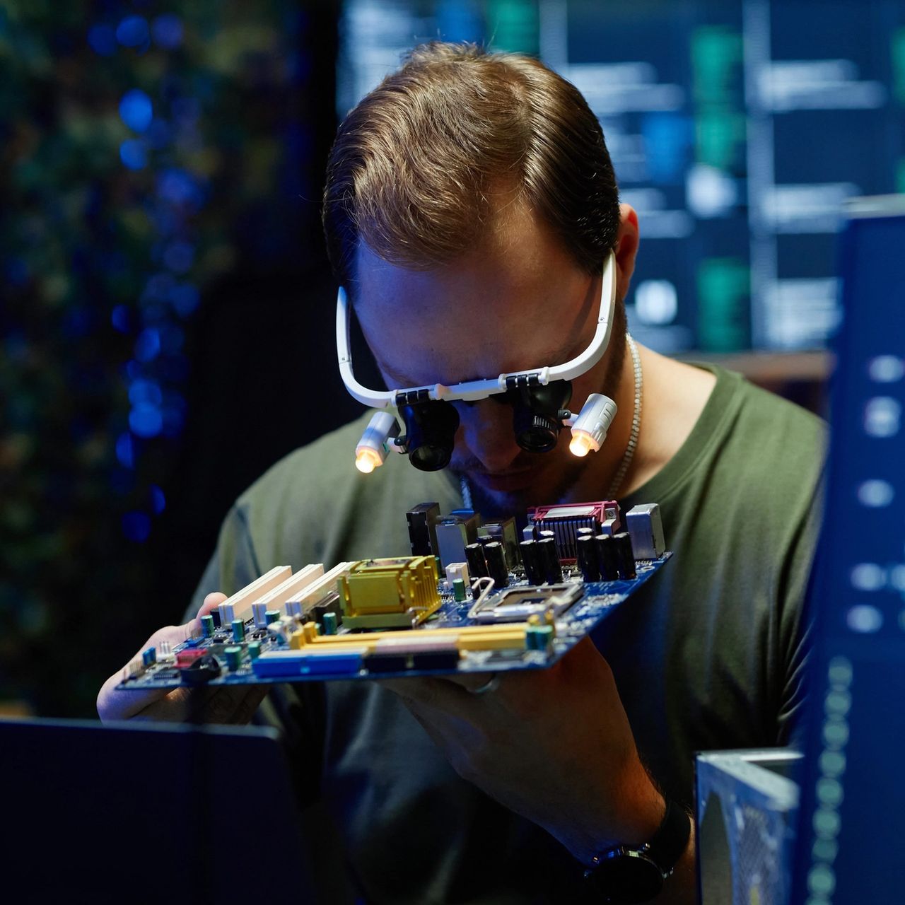 Un homme portant des loupes examine de près un circuit imprimé, avec un écran affichant du code à l’arrière-plan.