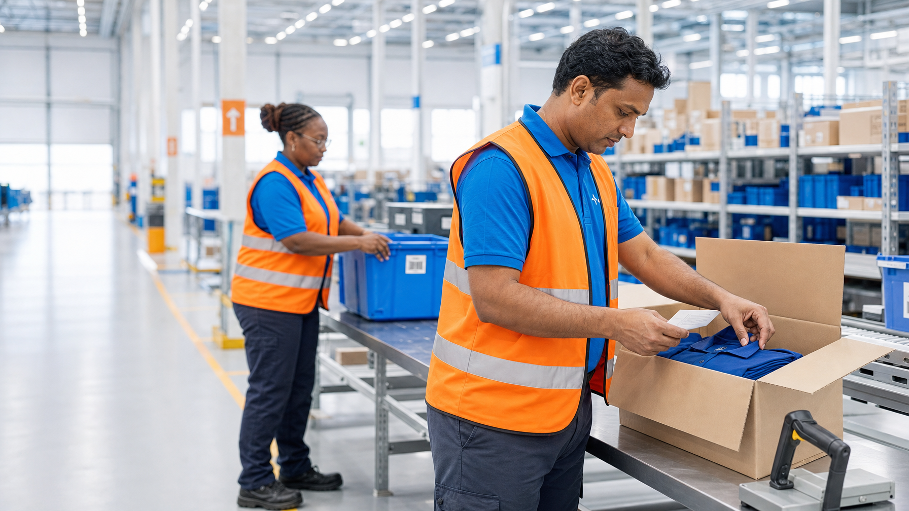 Two warehouse workers in safety vests, one packing shirts and the other moving a bin.