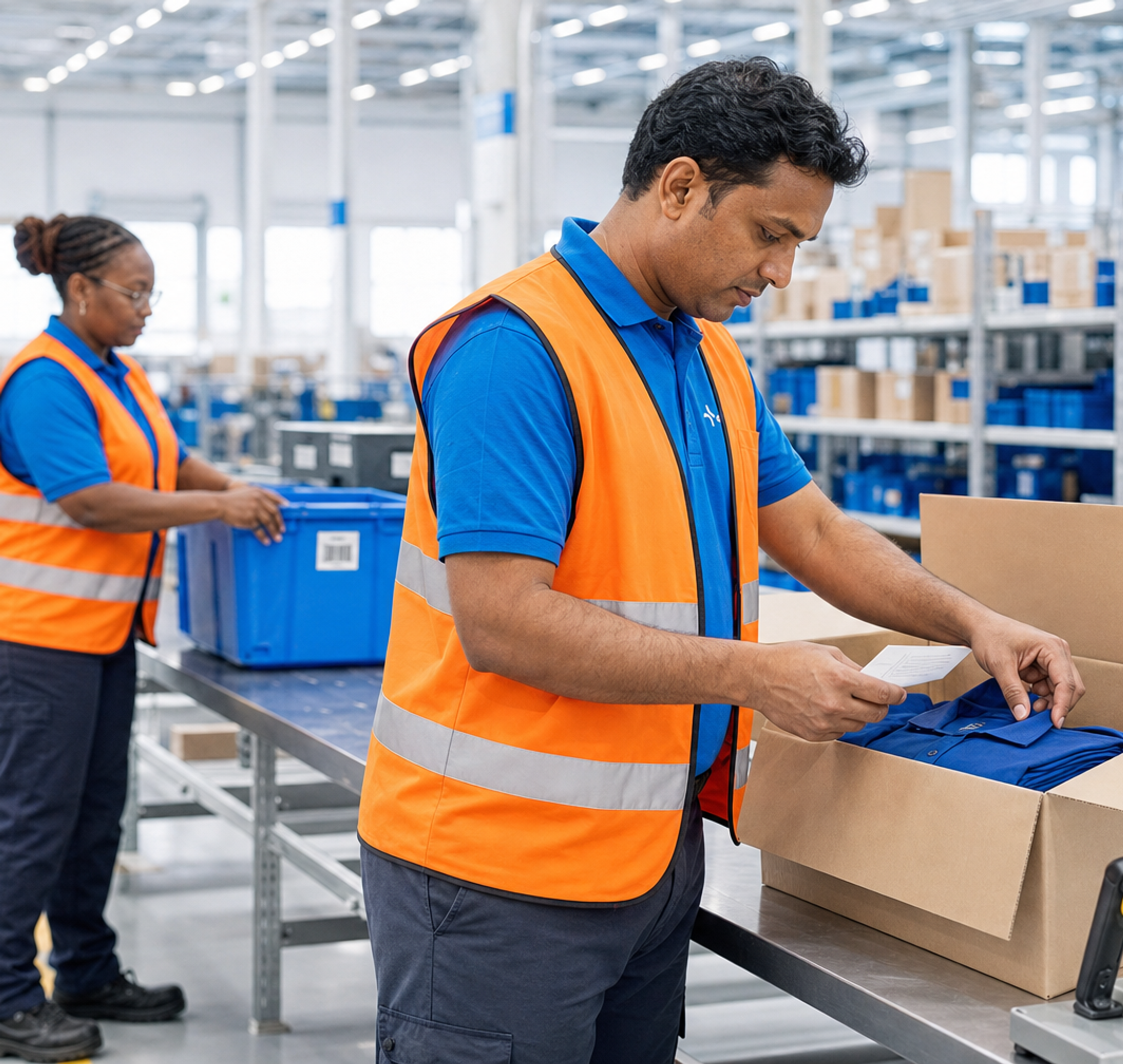 Two warehouse workers in safety vests, one packing shirts and the other moving a bin.