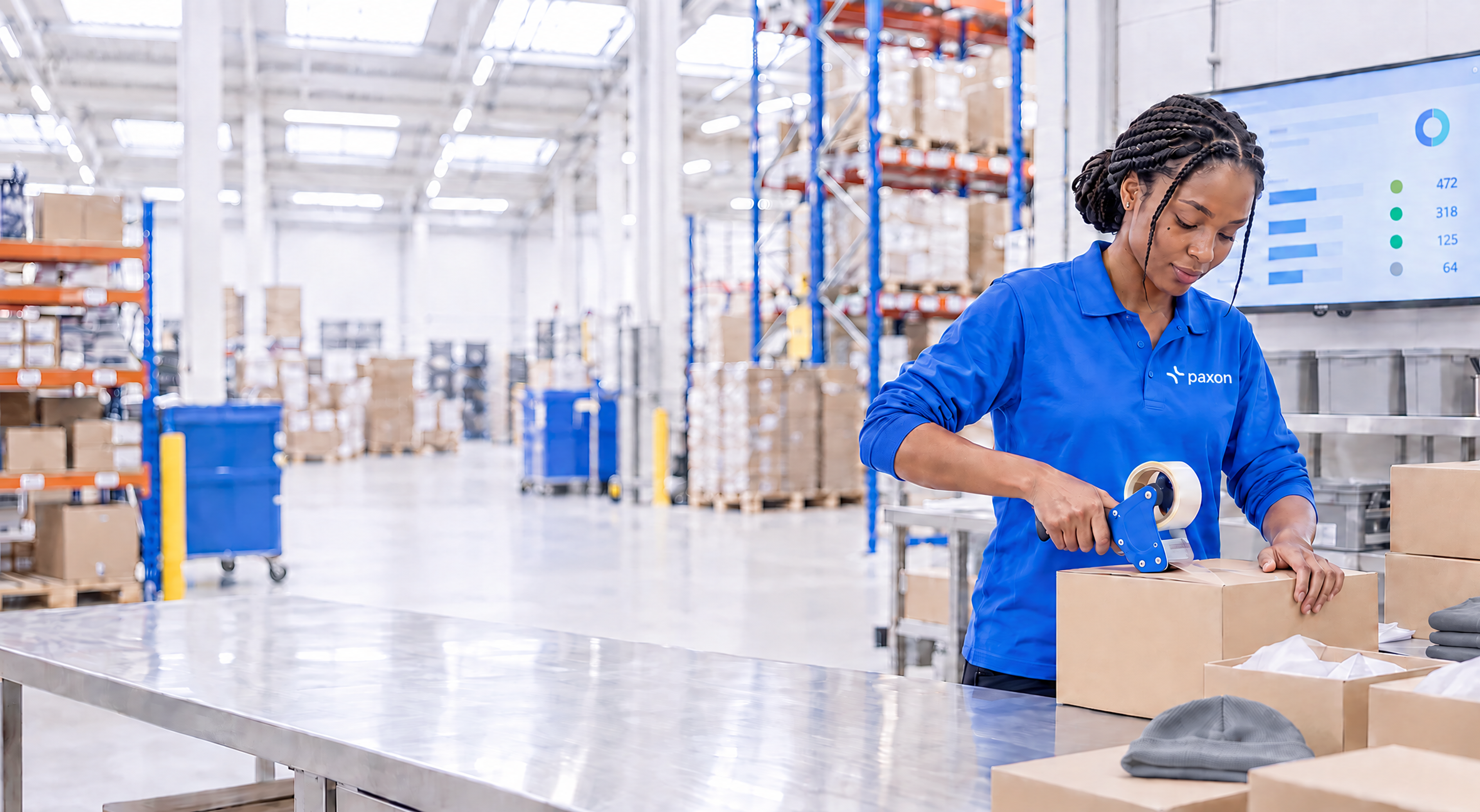 A woman in a blue uniform tapes a package on a table in a warehouse, with a data screen visible in the background.