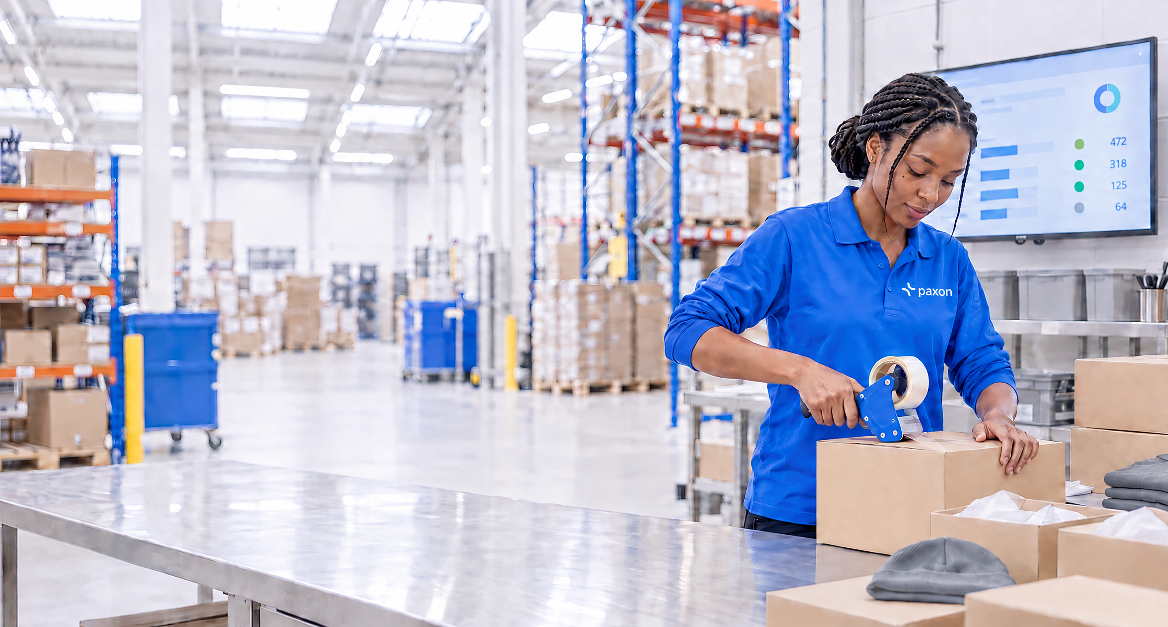 A woman in a blue uniform tapes a package on a packing table in a warehouse, with a data monitor in the background.