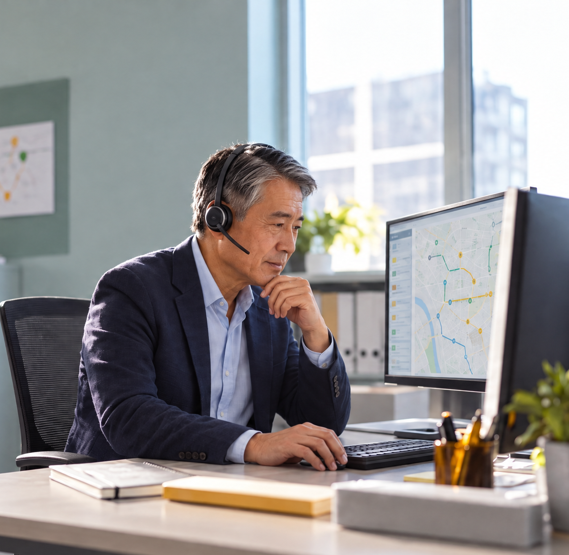 Middle-aged Asian man wearing a headset intently views a map on his computer screen in an office.