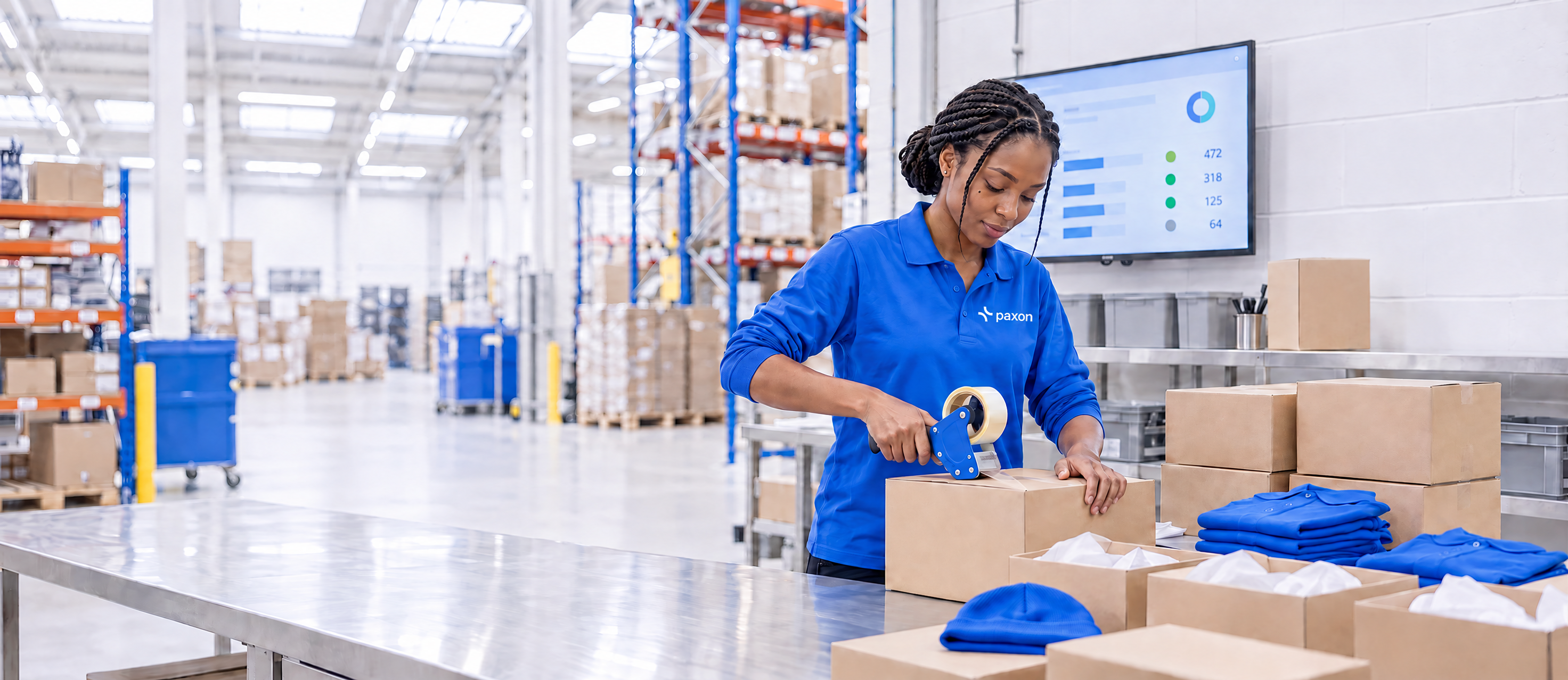 A woman packaging boxes and blue t-shirts on a table in a modern warehouse.