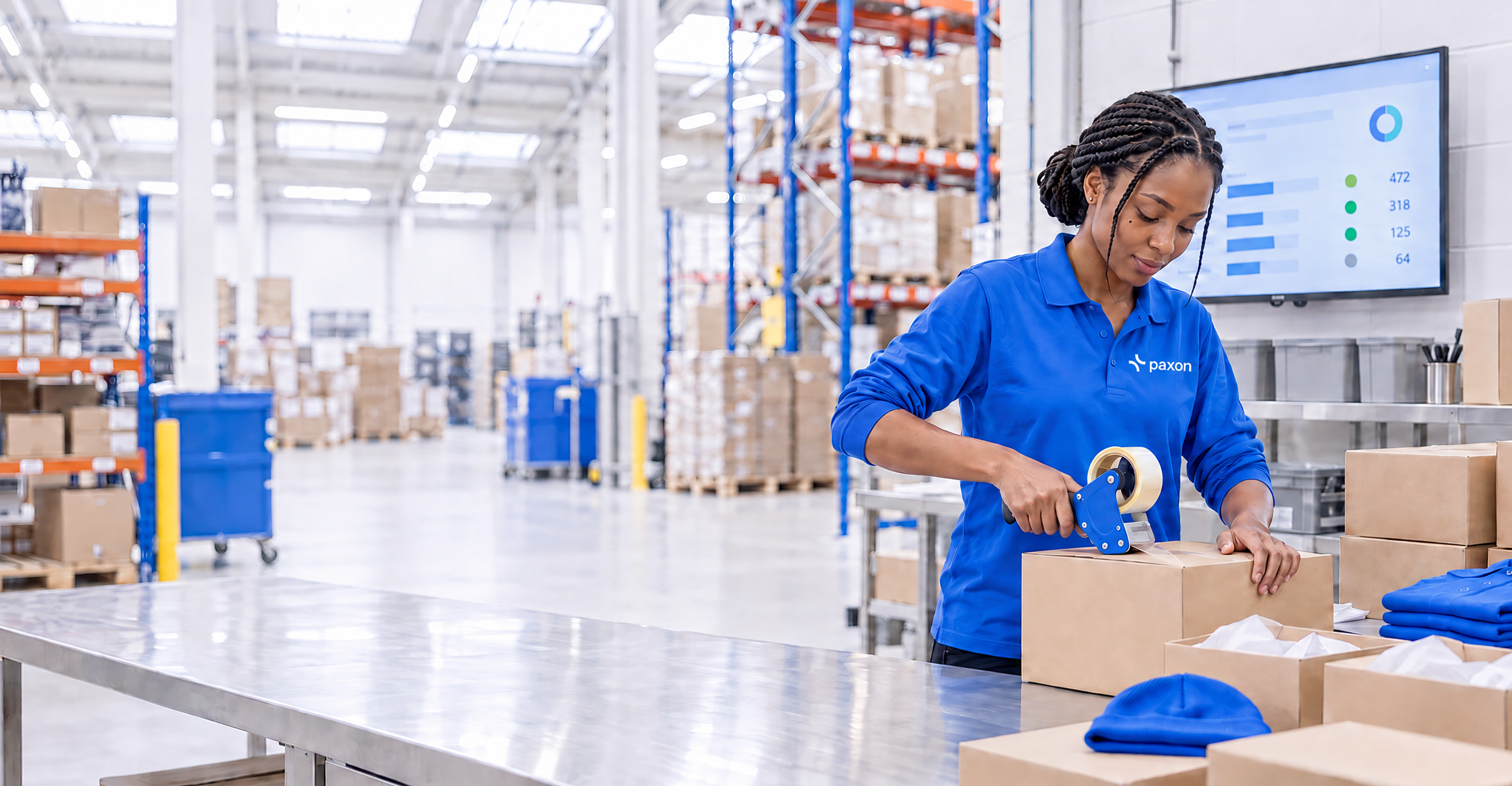 A woman in a blue uniform tapes a package on a fulfillment center packing table, with blue apparel and more boxes nearby.