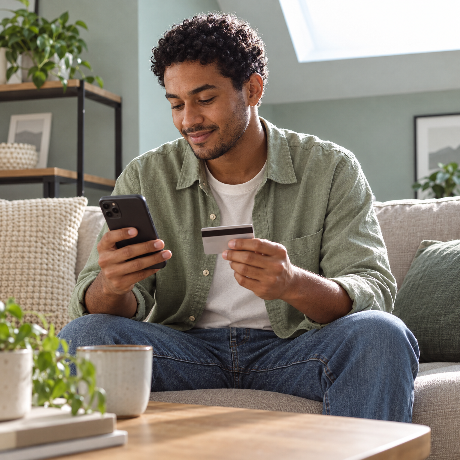 A man on a couch looks at his phone while holding a credit card.