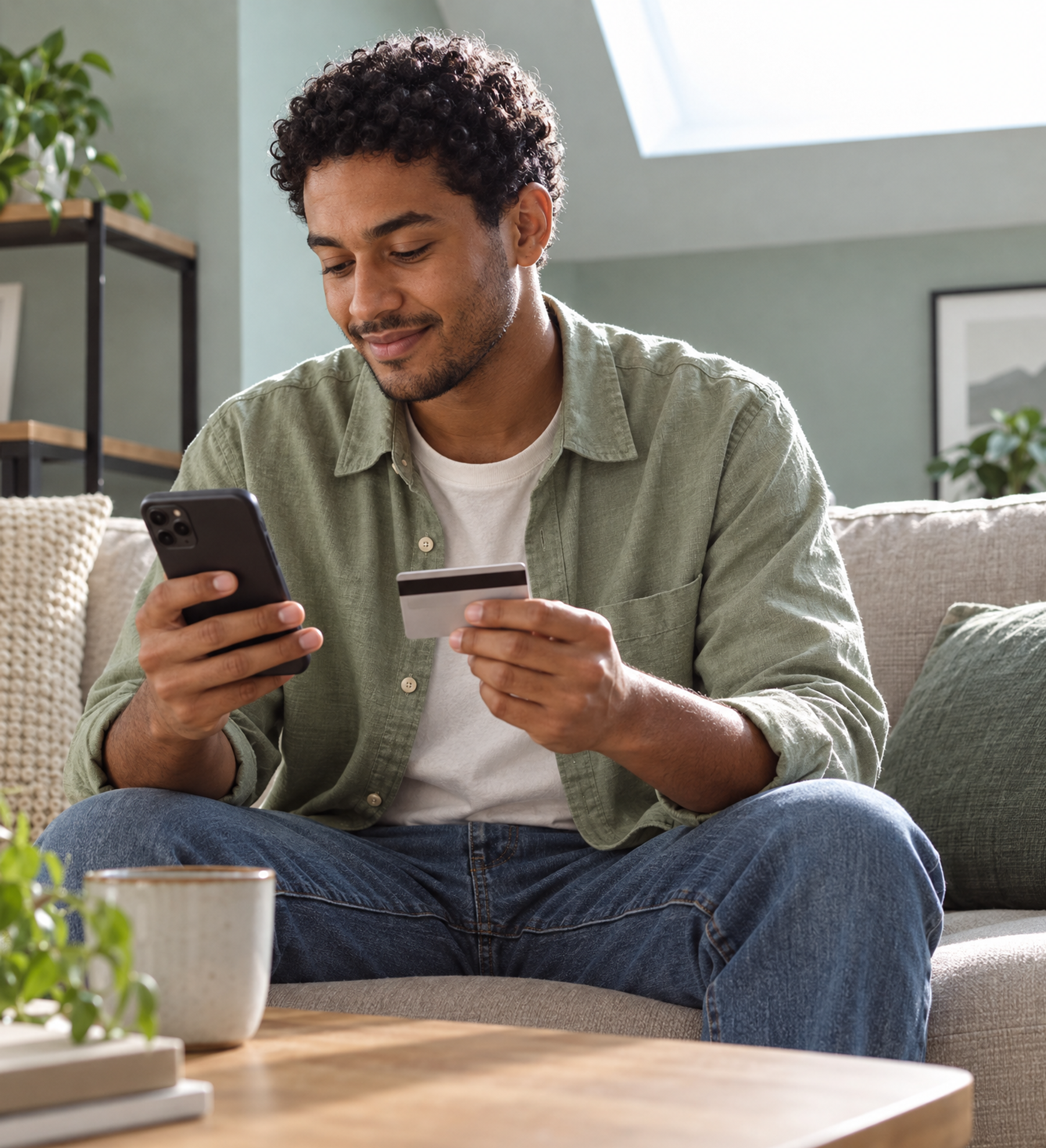 A smiling man on a couch holds a smartphone and a credit card, shopping online.