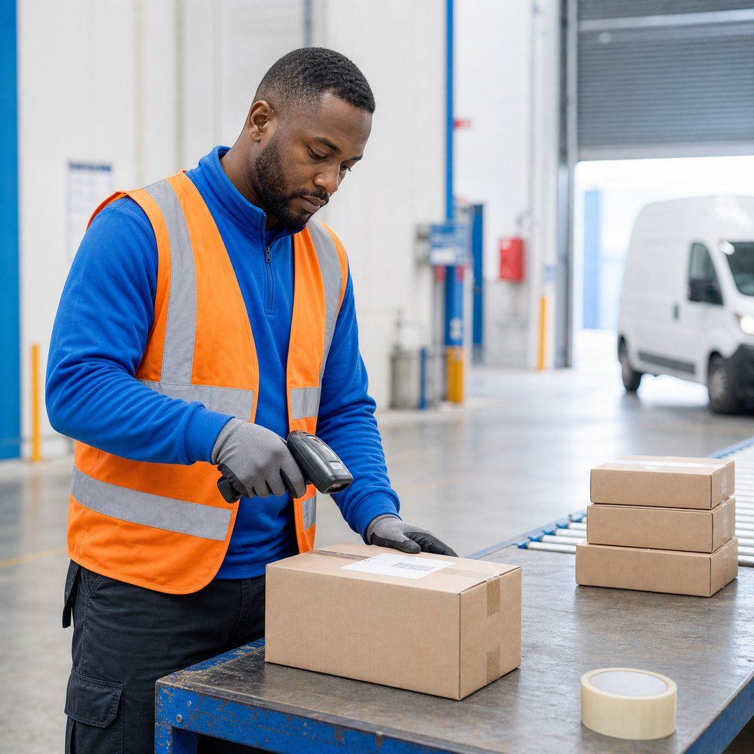 Warehouse employee scanning a box. 