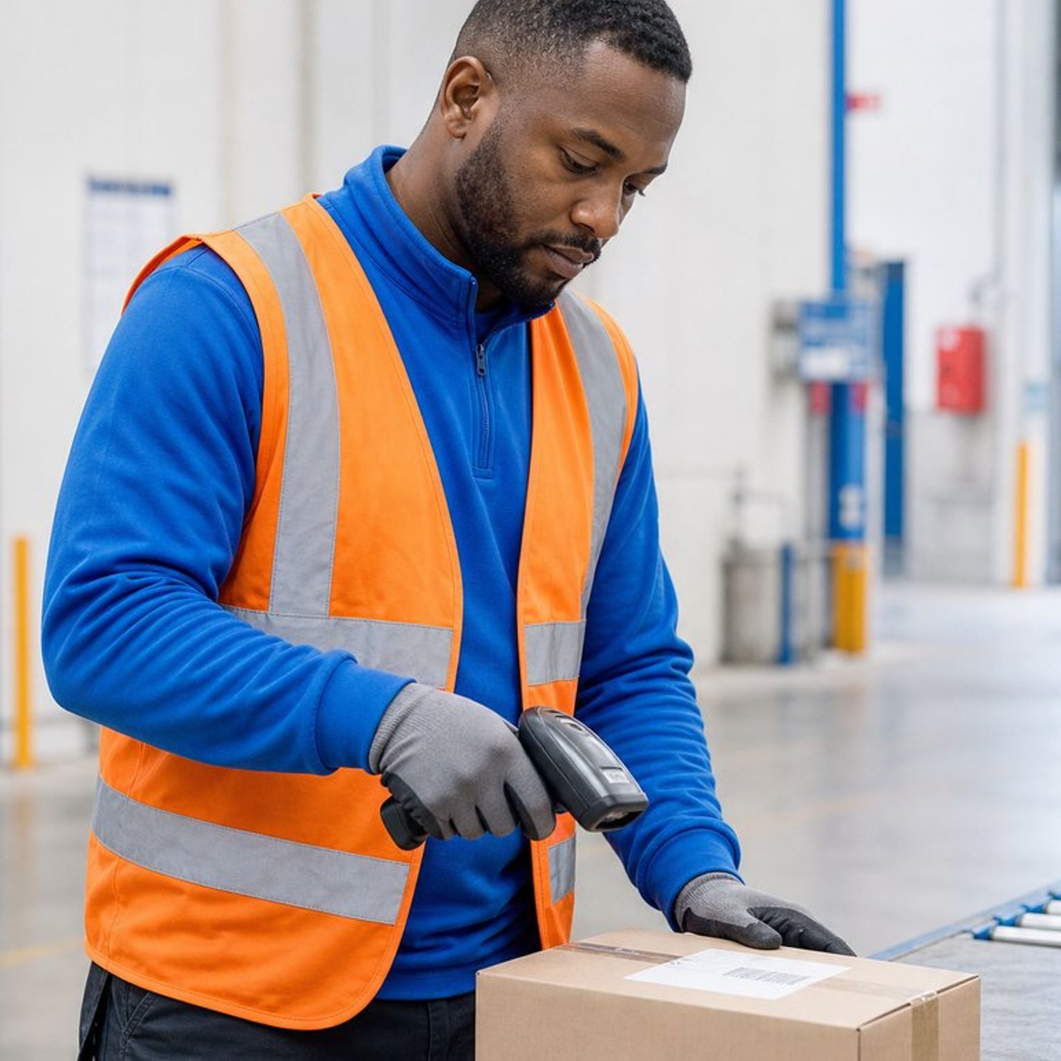 Warehouse worker scanning a package with a barcode scanner.