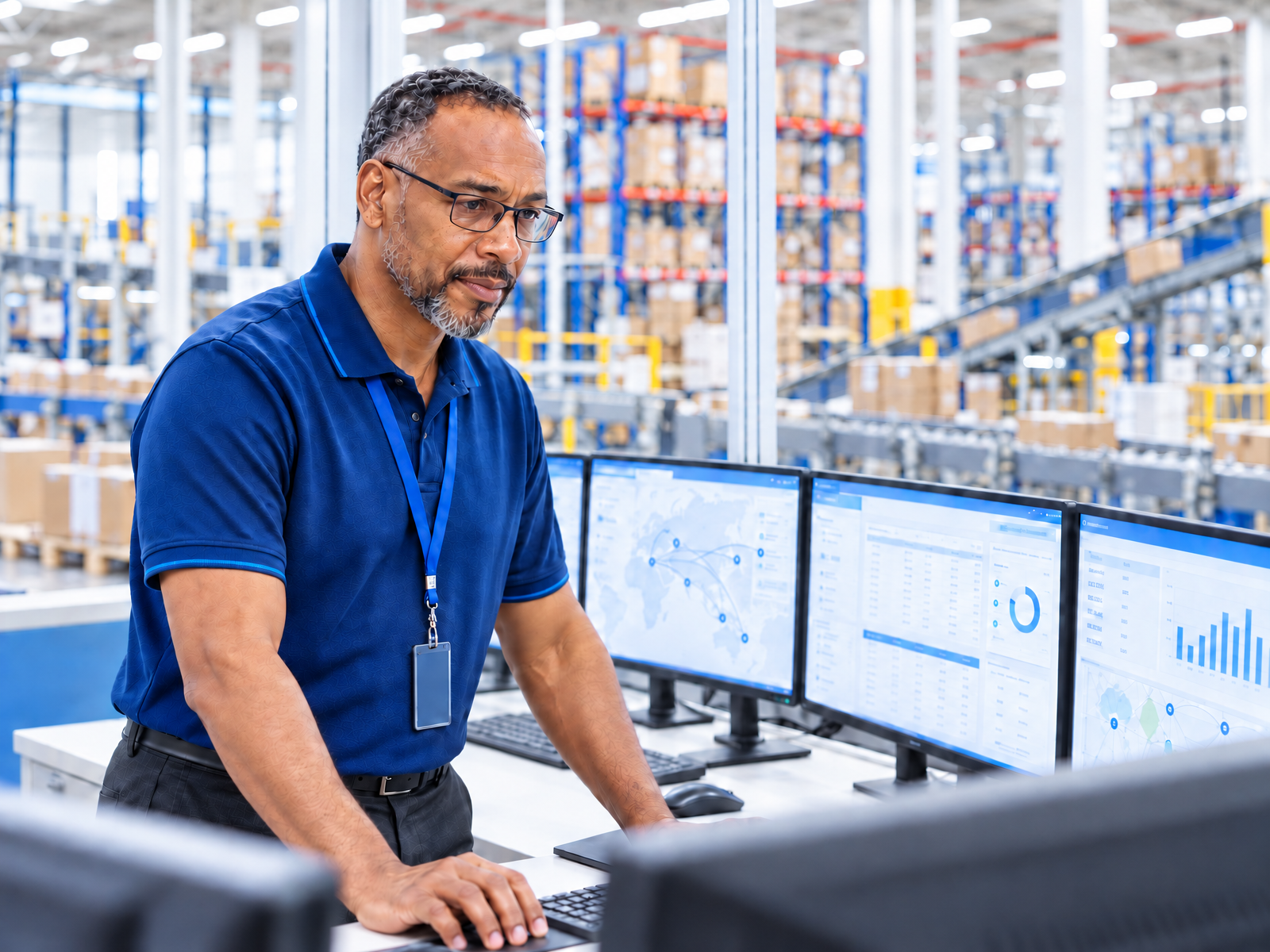 A man monitors data visualizations on several computer screens in a large warehouse.