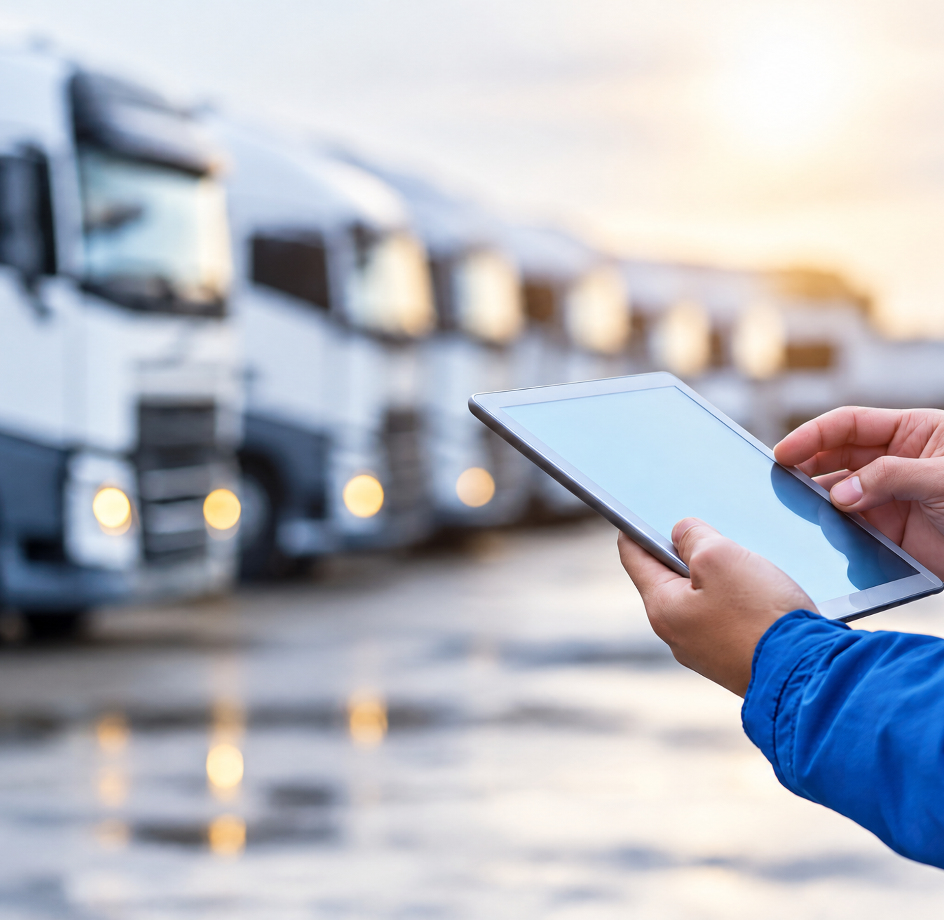 Person using a tablet with blurred white semi-trucks in the background.