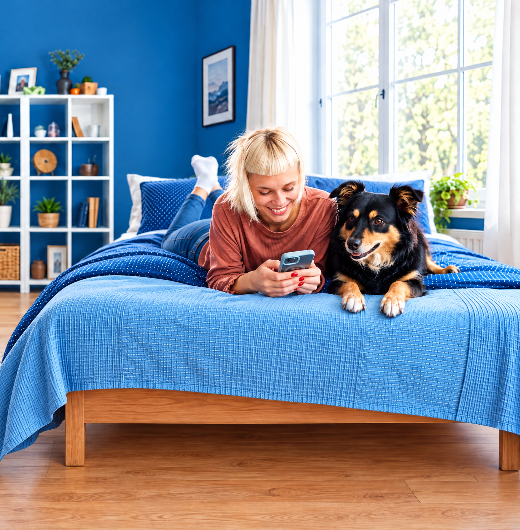 A smiling woman lies on a blue bed with her dog, looking at her phone in a bright blue bedroom.