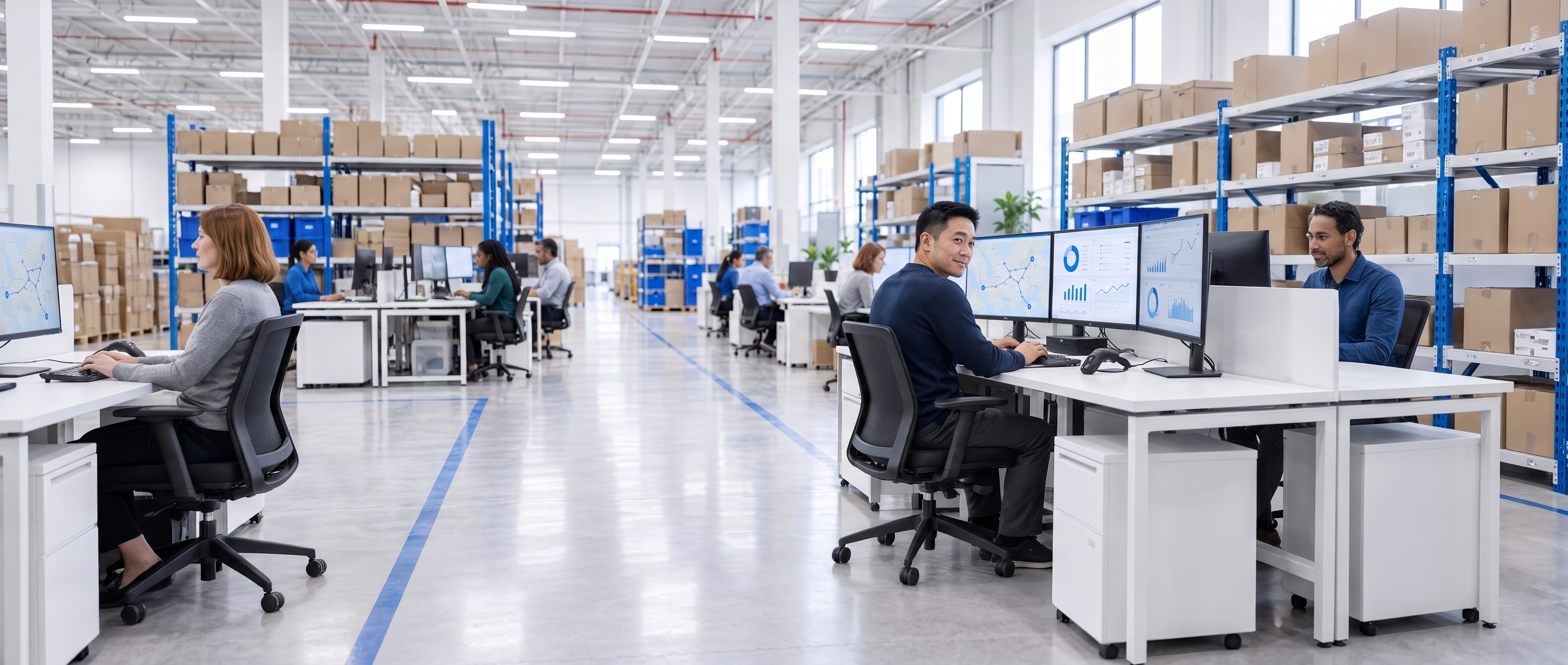 People work at desks with computers in a large, modern warehouse with shelves of boxes.