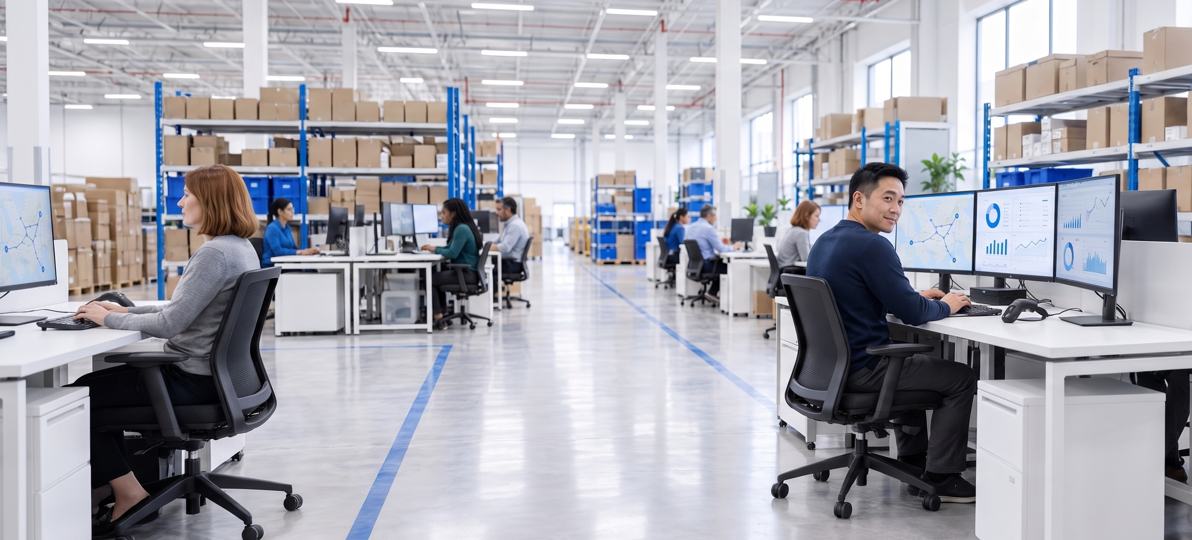 People work at desks with computers in a large, modern warehouse with shelves of boxes.
