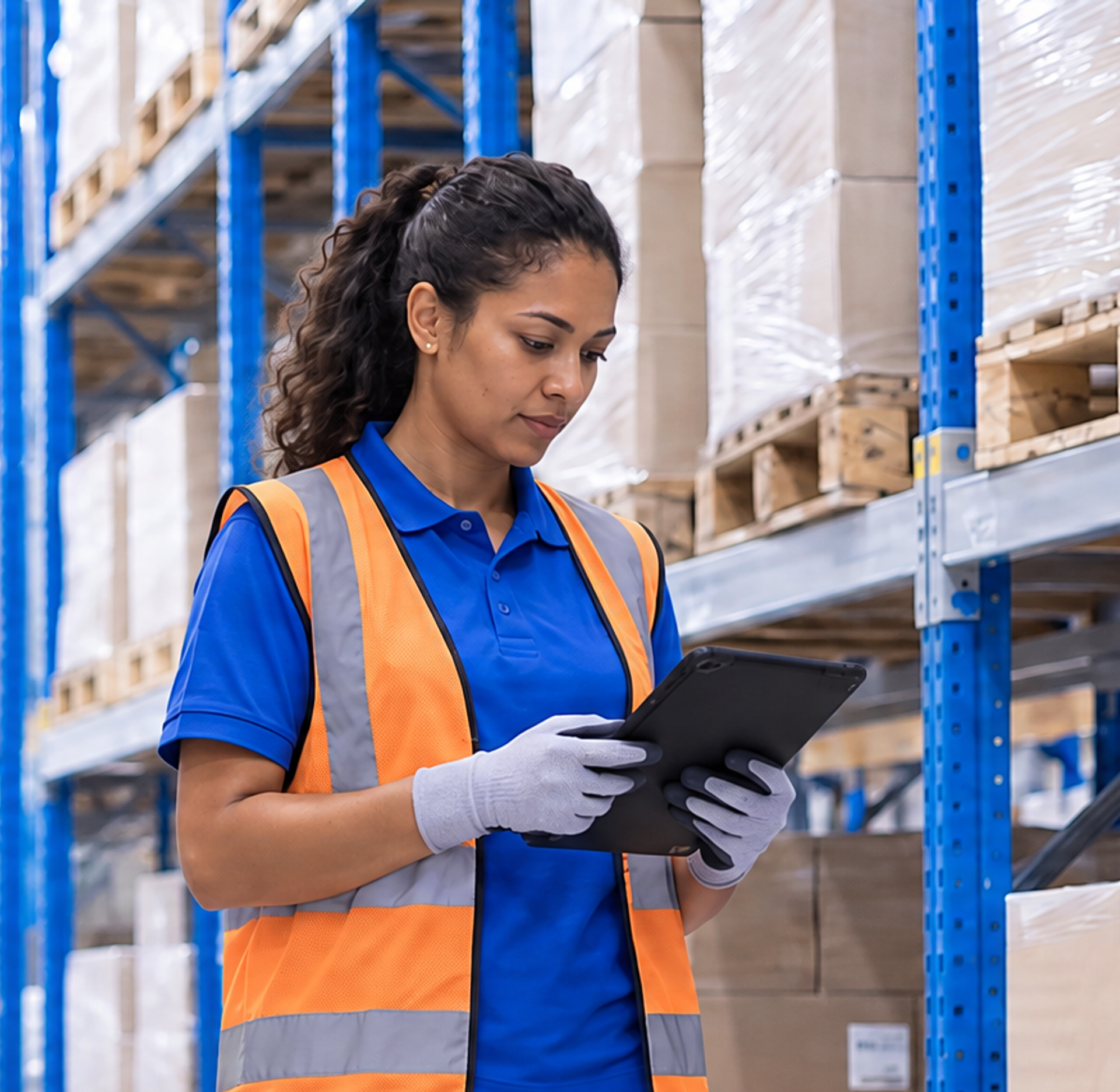 Woman in an orange safety vest inspecting inventory with a tablet in a warehouse.