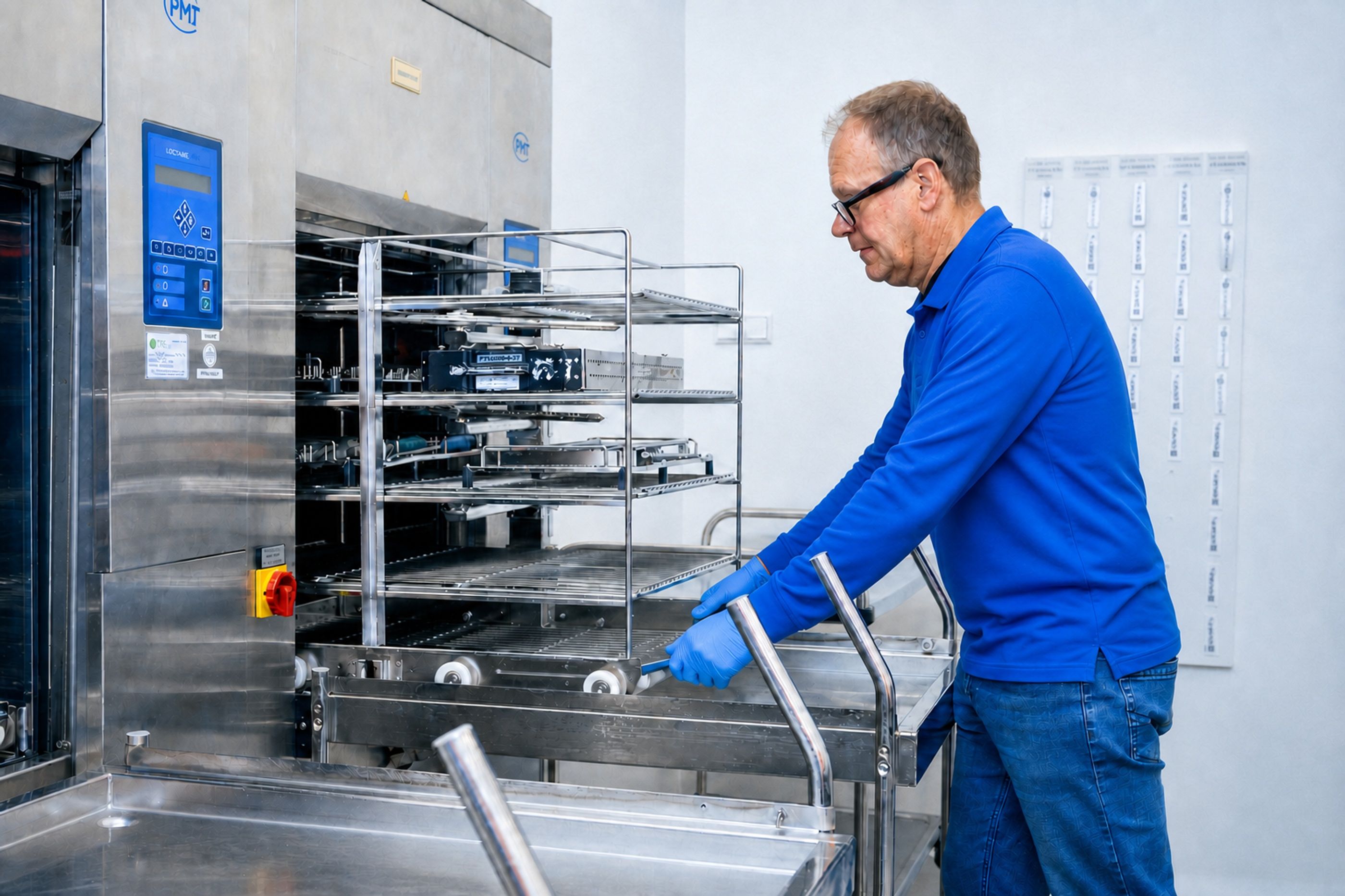 Contenants en plastique dans un plateau blanc sur un convoyeur d’usine.