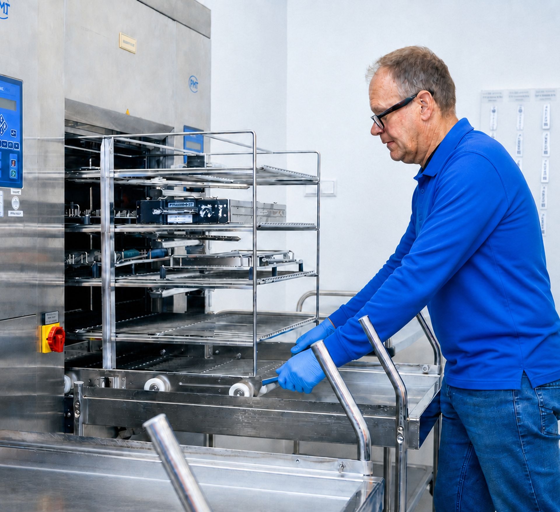 Contenants en plastique dans un plateau blanc sur un convoyeur d’usine.