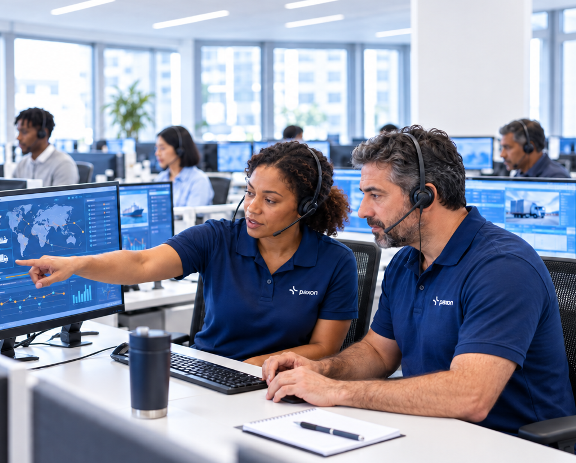 A woman points to a computer screen displaying logistics data, with a man looking on, both wearing Paxion shirts and headsets in a busy office.