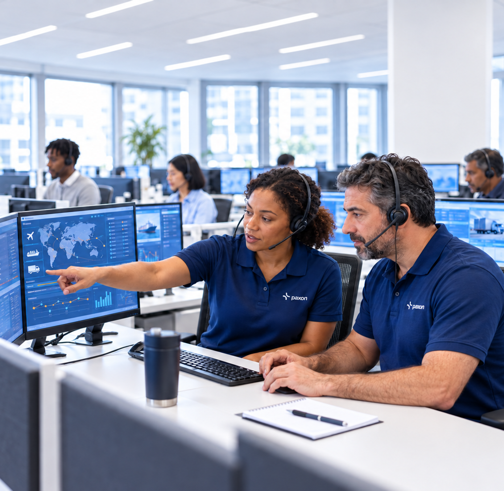 Two logistics professionals wearing headsets collaborate at a computer screen showing a world map and transport data.
