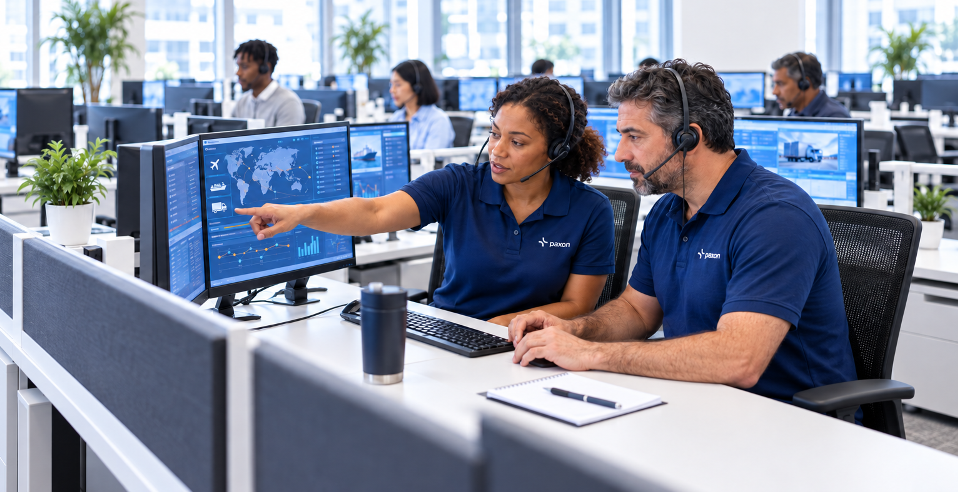 Two uniformed colleagues wearing headsets collaborate at a computer in a modern open-plan office.