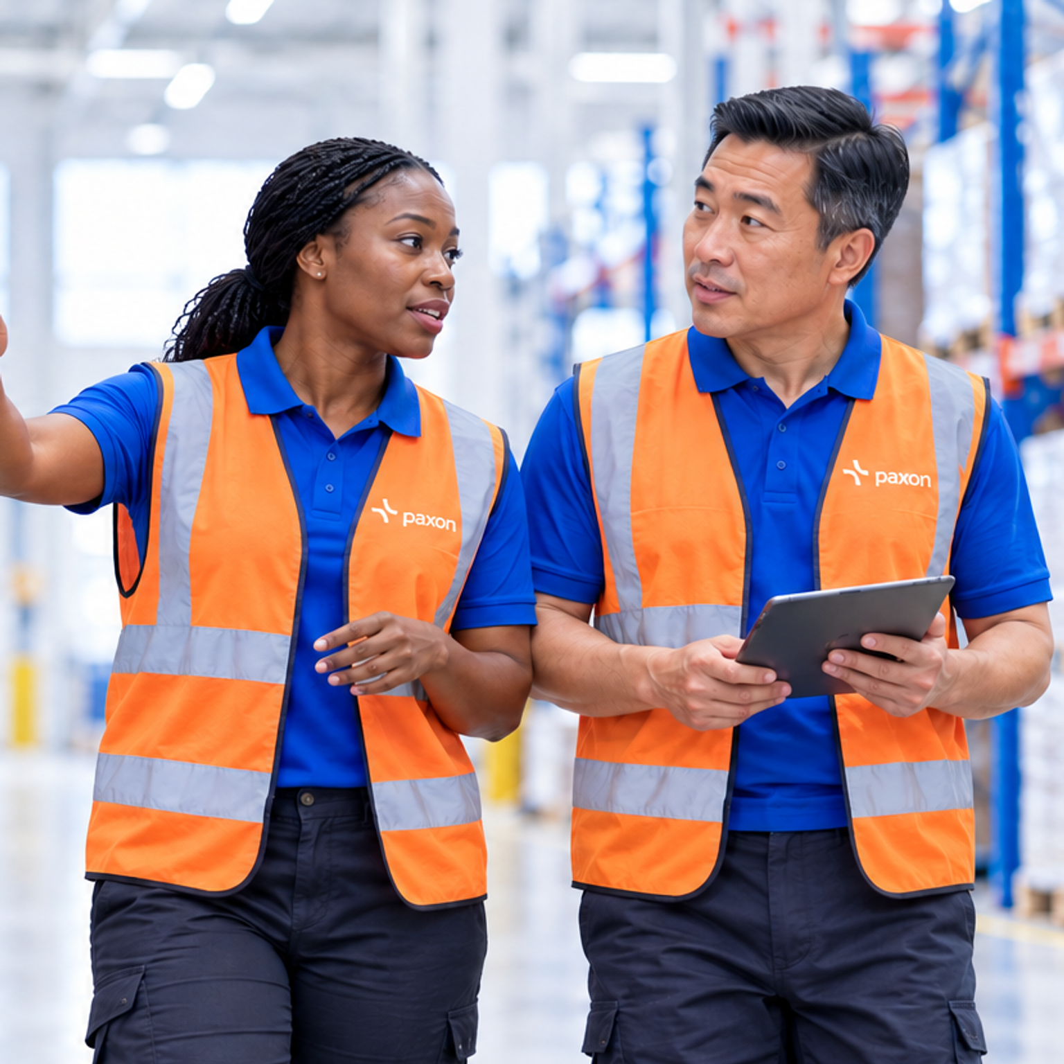 Two Paxon workers in orange safety vests discuss in a warehouse, one gesturing while the other holds a tablet.