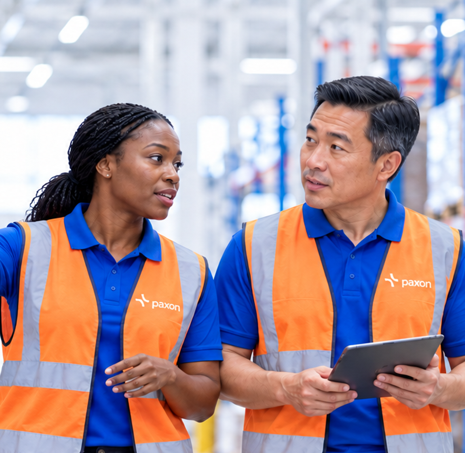 Two warehouse workers in orange safety vests, one gesturing while the other holds a tablet.