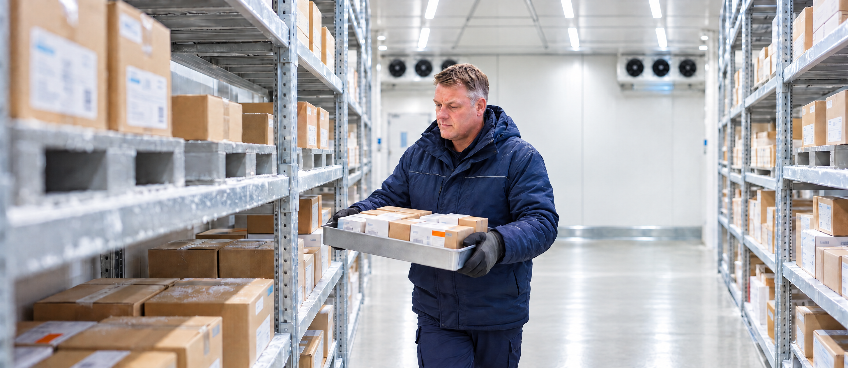 Man in a cold storage facility carrying a tray of small boxes past shelves of packages.