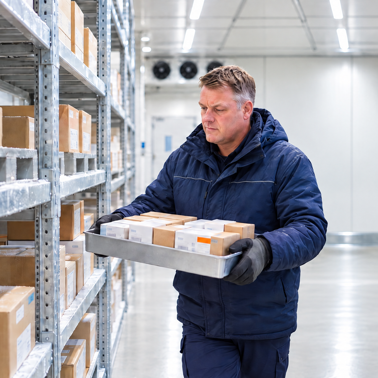 Man in a cold storage facility carrying a tray of small boxes past shelves of packages.