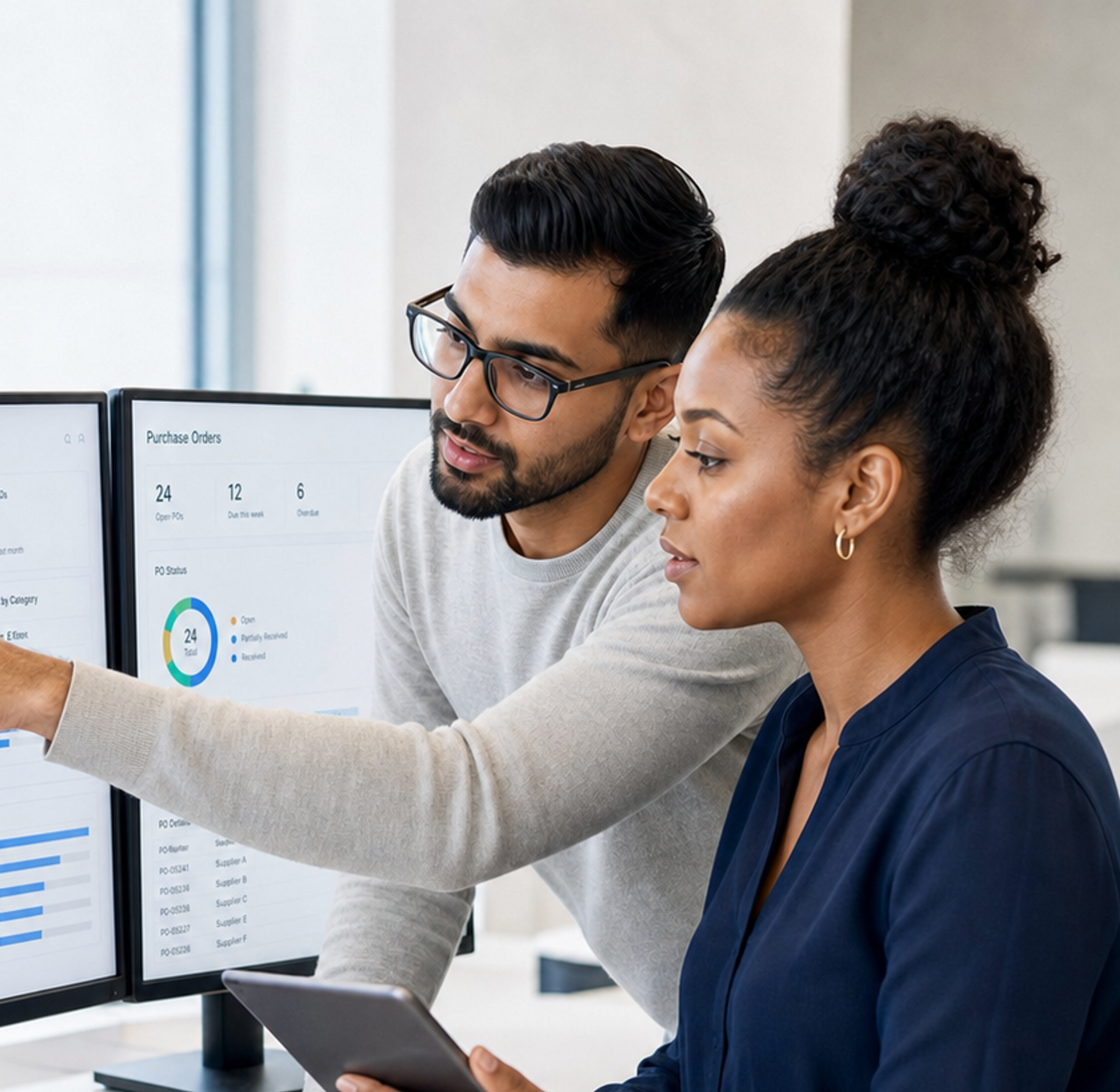 Two professionals analyzing data on computer monitors.