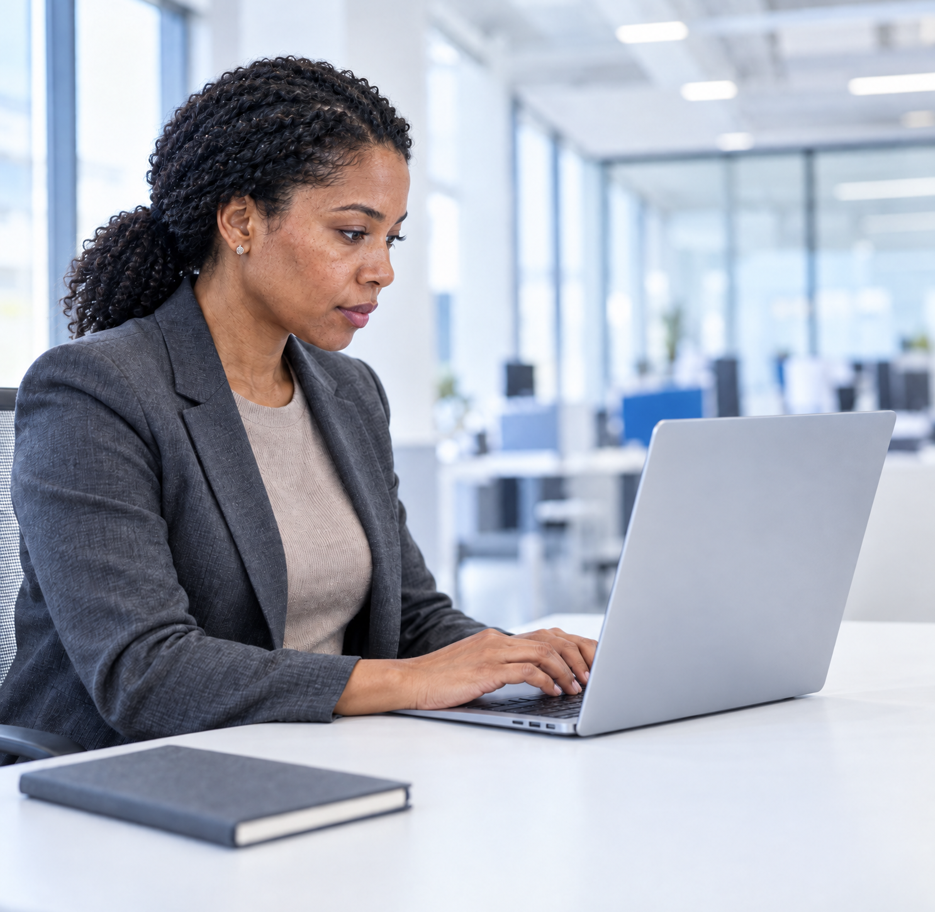 Professional Black woman typing on a laptop in an office.