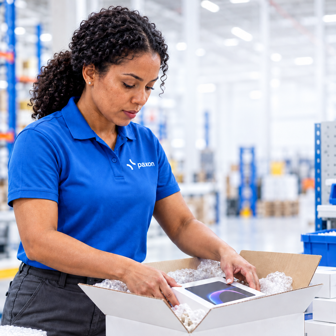 A woman in a blue Paxon polo shirt carefully packs a tablet into a box with packing materials in a warehouse.